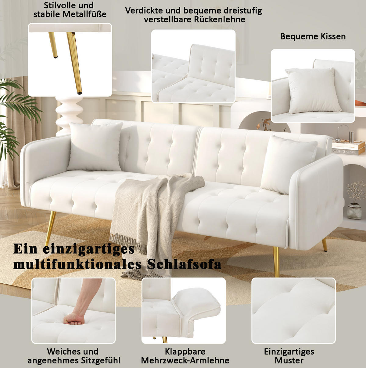 SCHLAFSOFA 81,5/215 cm Liegefläche – mit Veloursbezug und verstellbaren Armlehnen - Weiß, Textil (82/70/178cm) - BEAOK