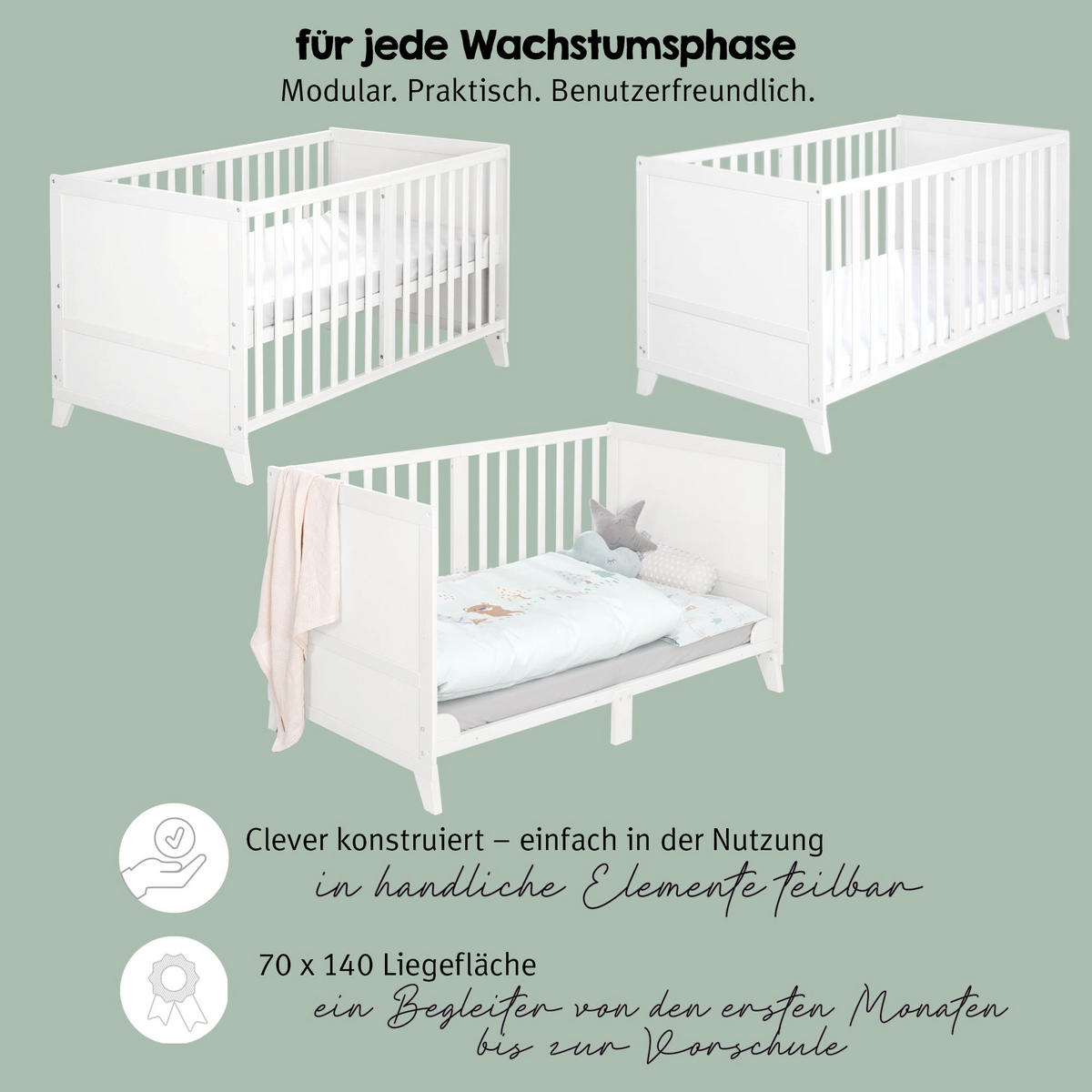 BABYBETTSET 'Woodland Buddies' 70 x 140 inkl. kompletter Ausstattung - Weiß / Pastellgrün - Weiß, Holz (70/140cm) - Roba