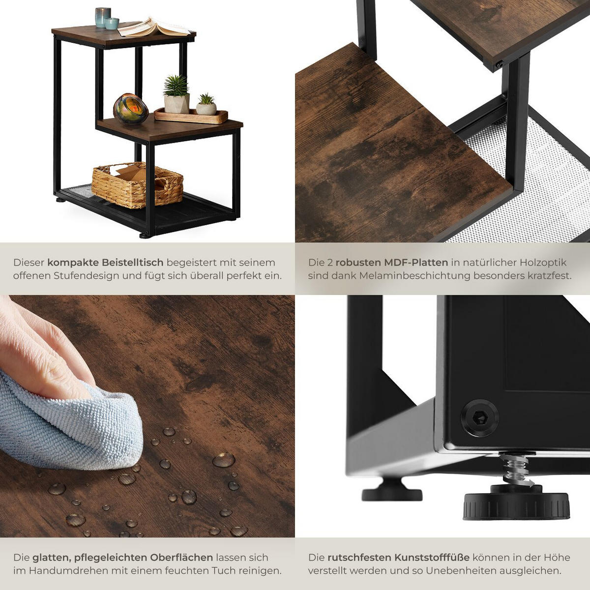 BEISTELLTISCH Halifax,60,5 x 35,5 x 60,5 cm,Industrial Holz dunkel, rustikal - Rostfarben, Holz (60.5/35.5/60.5cm) - tectake