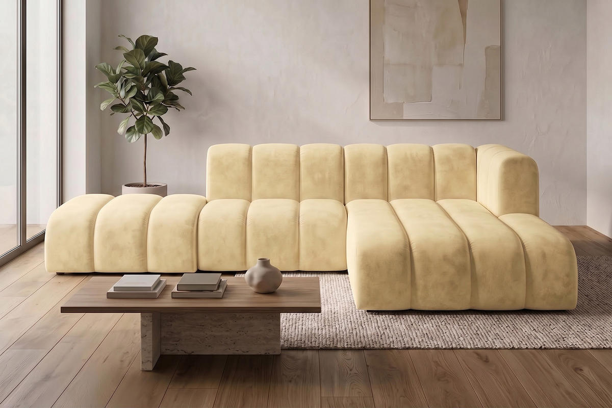 ECKSOFA Modulares In L-Form Mit Hocker, Velvet-Stoff Riviera, Buttergelb, Rechts, GRAND Mini - Hellgelb, Holz (295/179cm) - Kaiser Möbel