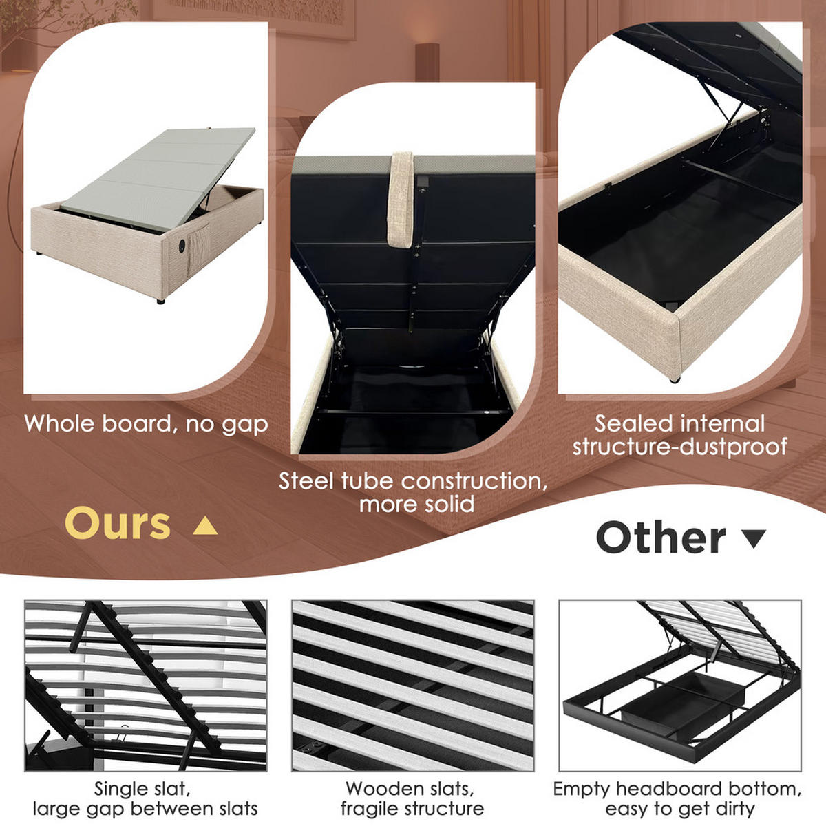 KINDERBETT 90x190cm Einzelbett mit Bücherregal Hydraulik USB-C Natur - Braun, Holz (90/190cm) - FLIEKS