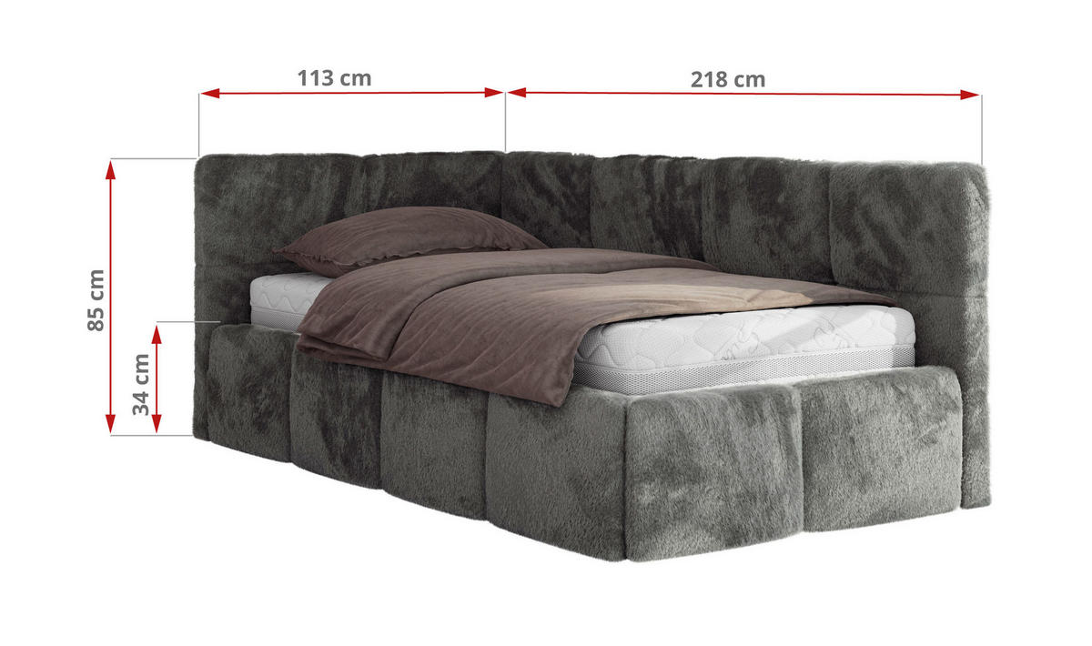 JUGENDBETT ARVO 90/200 - Dunkelgrau Plüsch - Multipocket-Matratze - Rechts Seite - Dunkelgrau, Textil (90/200cm) - MKS