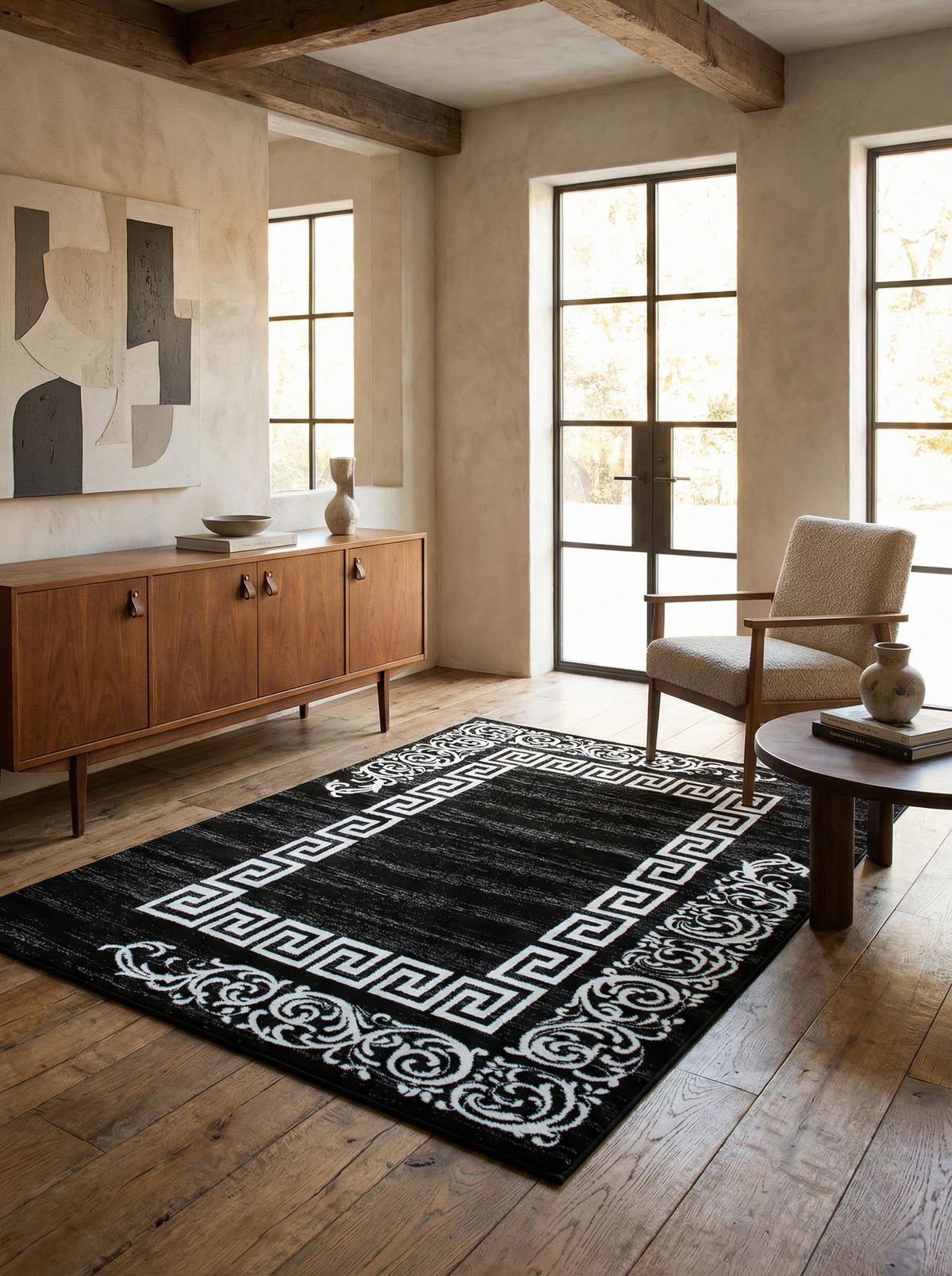 TEPPICH Kurzflor Mäander Polypropylen saugroboter Wohnzimmer Schwarz Läufer 80x150 - Schwarz, Textil (80/150cm) - KADIMA DESIGN