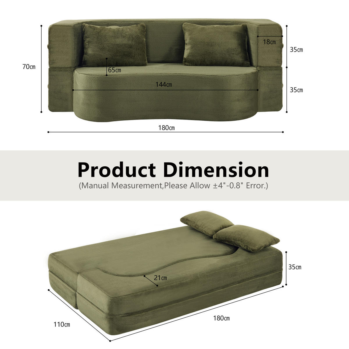 SCHLAFSOFA mikrofaser in olivgrün, faltbares gästebett & montagefrei - Grün, Textil (180/70/55cm) - Urban Meuble