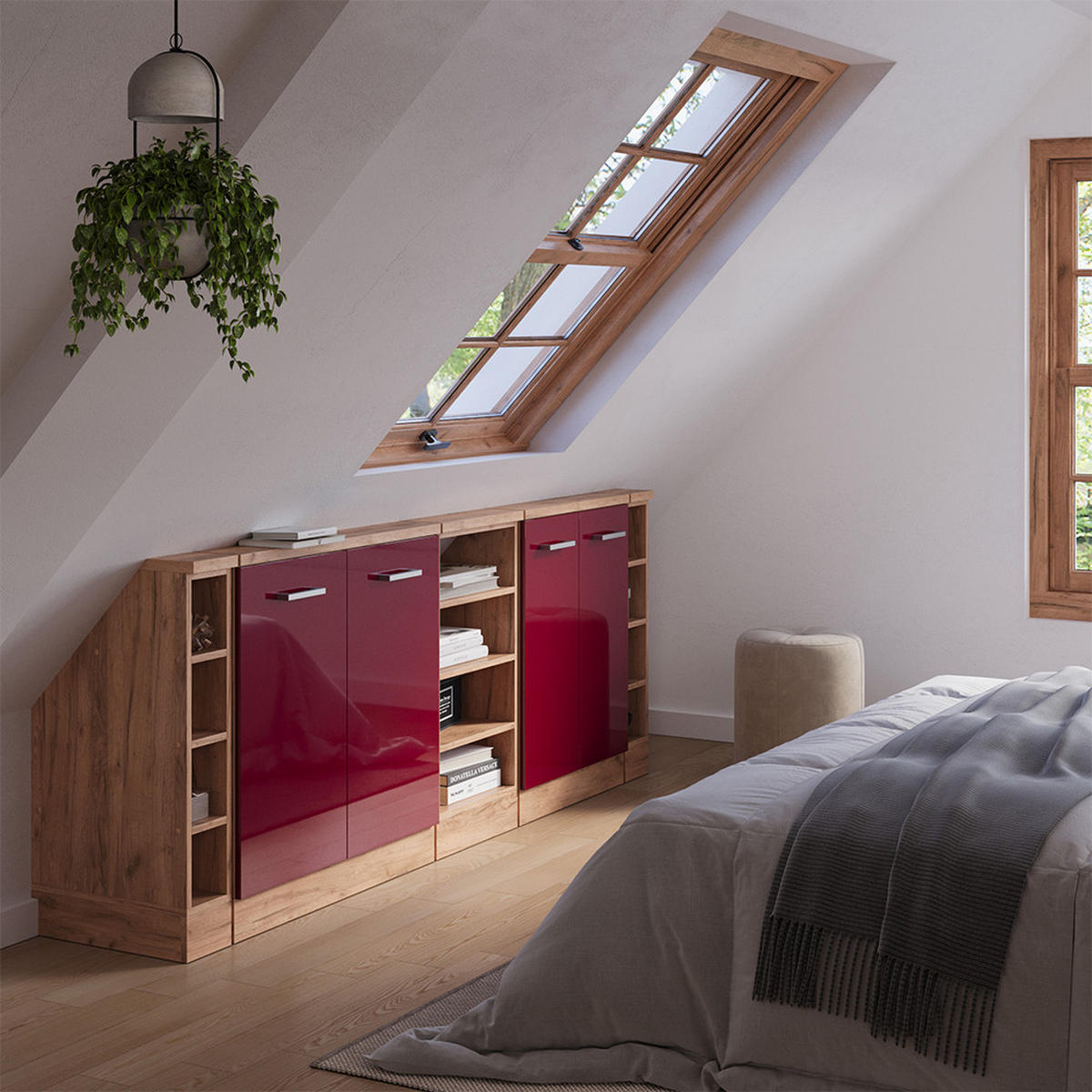 DACHSCHRÄGENSCHRANK-SET Rion Rot Hochglanz/Goldkraft Eiche 5er Set - Honigeiche/Rot, Holzwerkstoff (215/81.6/46cm) - Vicco