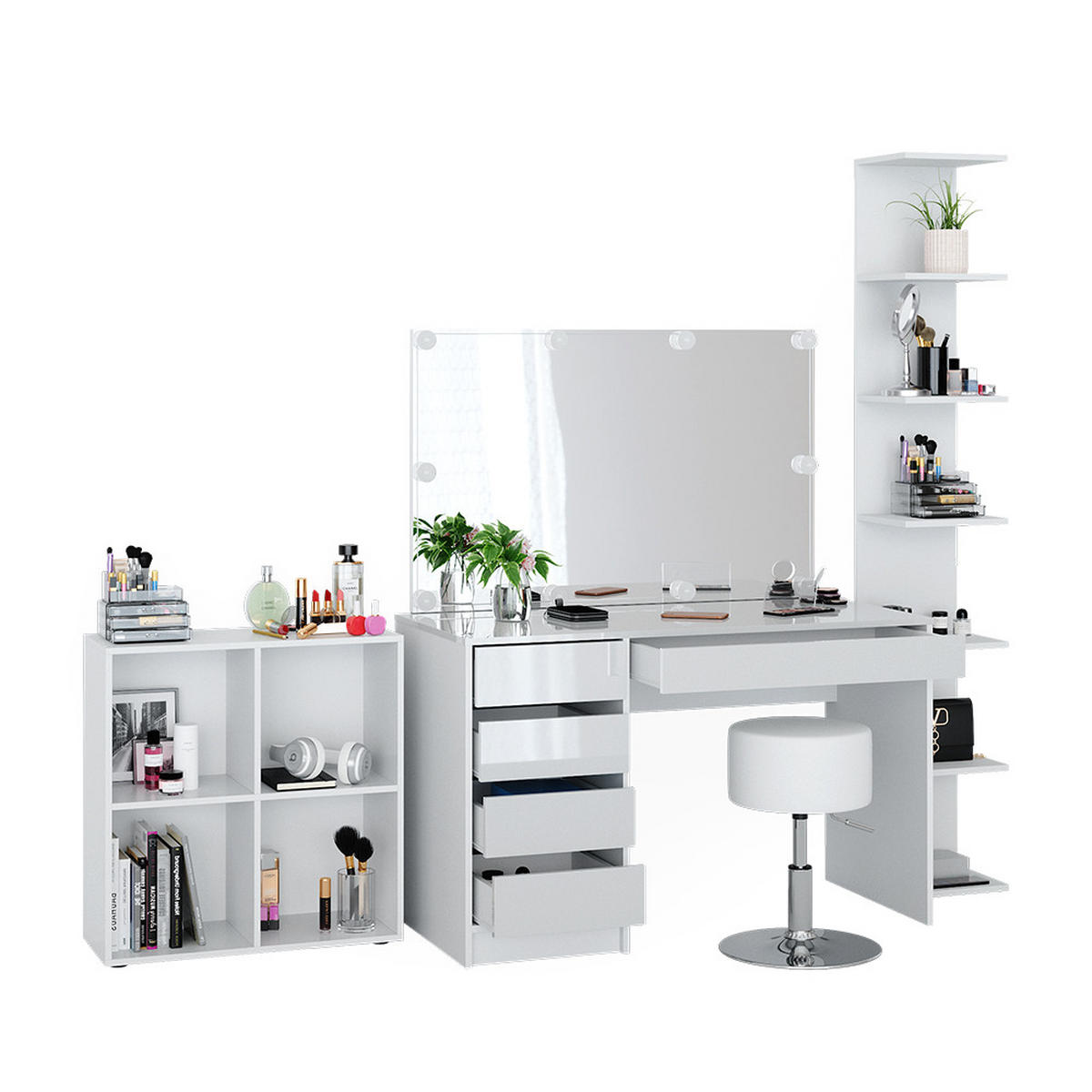 SCHMINKTISCH Sherry Weiß 5 Teile mit LED - Weiß, Holzwerkstoff (55/75/120cm) - Vicco