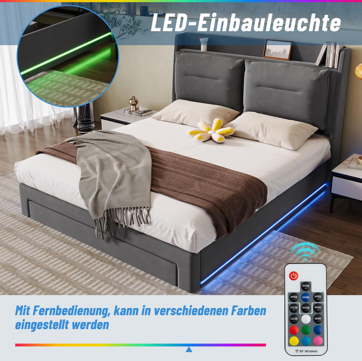 POLSTERBETT 160/200 cm mit LED-Beleuchtung & hydraulischem Bettkasten, Dunkelgrau - Dunkelgrau, Textil (160/200cm) - Redom