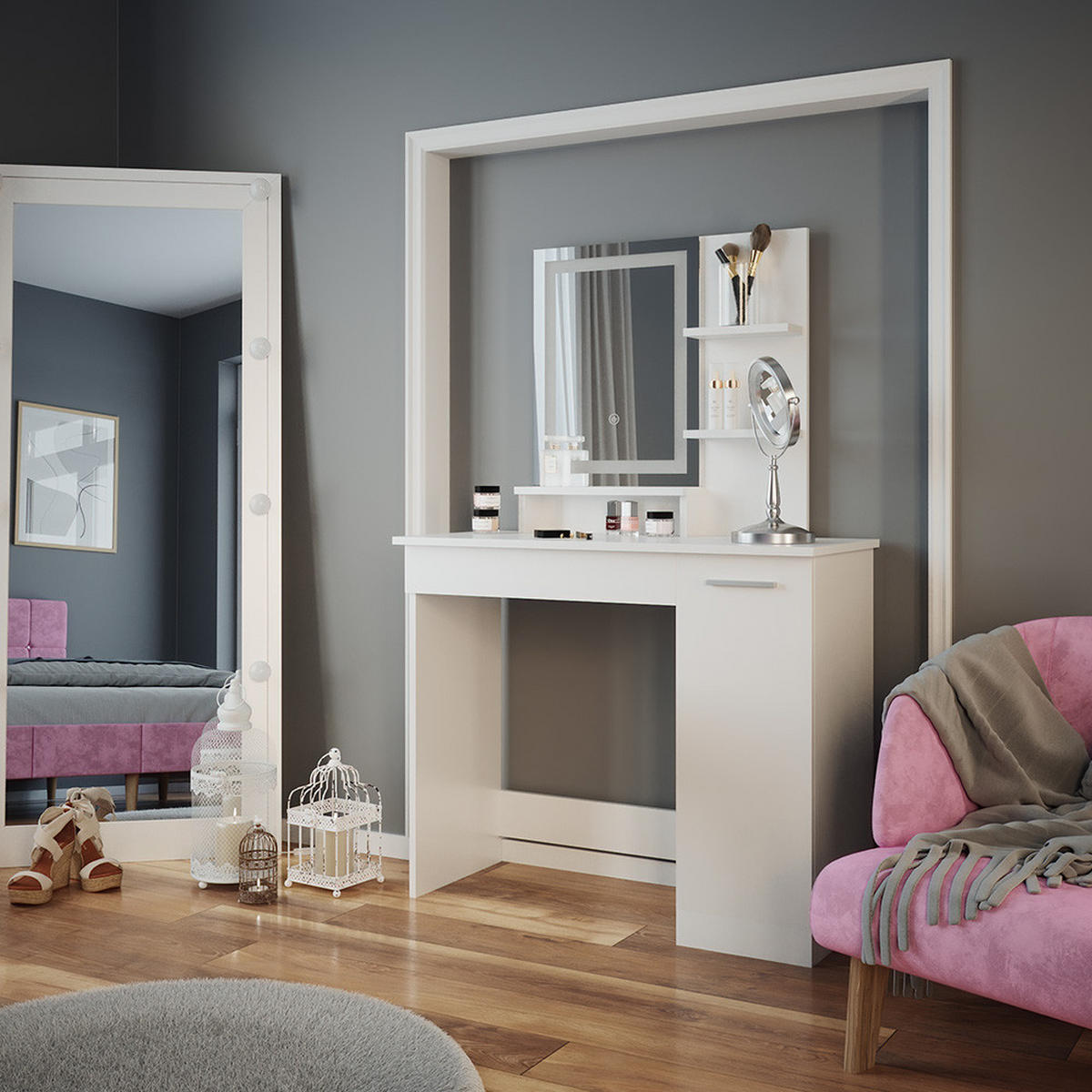 SCHMINKTISCH Julia Weiß 90 cm mit LED-Spiegel - Weiß, Holzwerkstoff (90/137.5/38cm) - Vicco