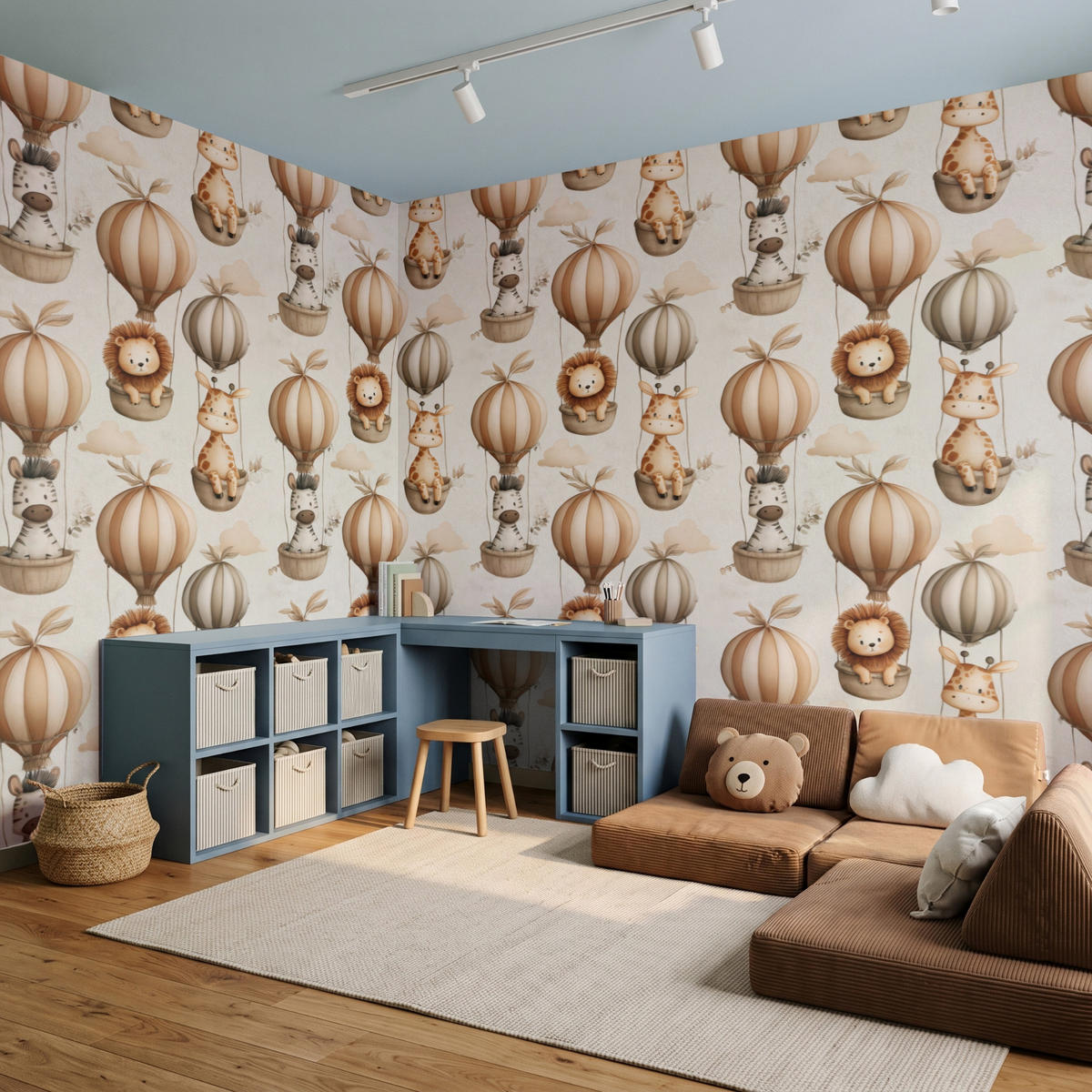 KINDERTAPETE - Safari - Heißluftballons - Taupe - 450x280 cm - Beige, Papier (450/280cm) - OnlyWow