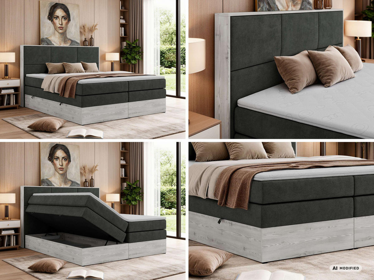 POSTEL BOXSPRING DELNOR KING 200/200 - Tmavě šedá Strukturovaná látka - Topper T25 - H3 - černá/tmavě šedá, textil/plast (200/200cm) - MKS
