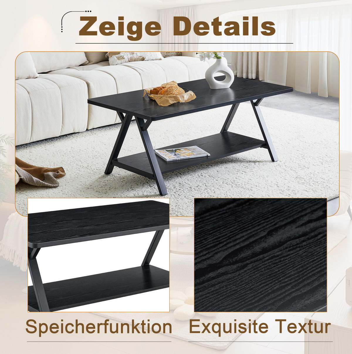 COUCHTISCH 110/57/44.5 cm schwarz aus MDF und Metall mit Stauraumregal - Schwarz, Holzwerkstoff (110/57/44.5cm) - OKMYHOME