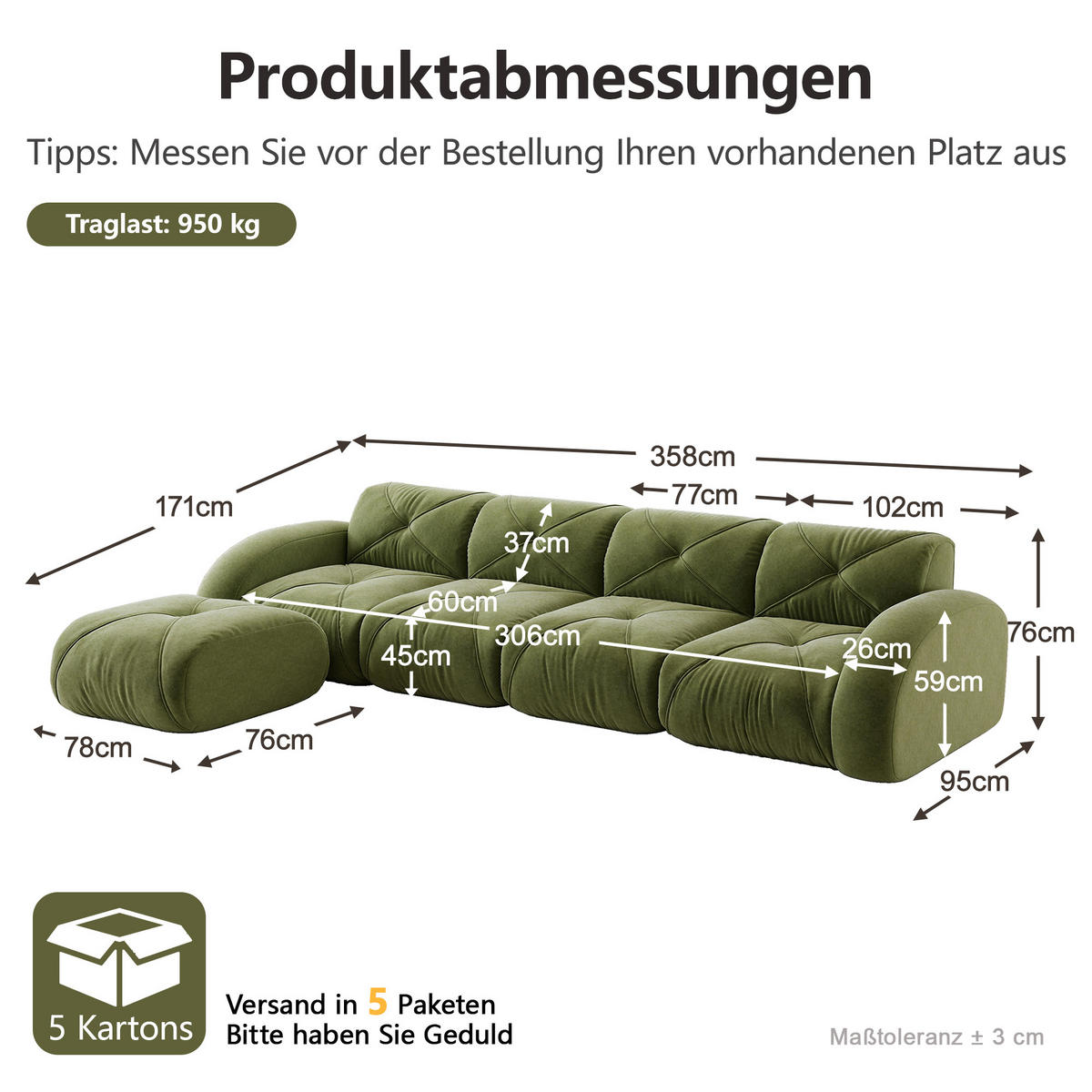 ECKSOFA 358/171/76 cm Grün Chenille mit 1 Fußhocker, rutschfeste Unterseite - Grün, Textil (358/171cm) - Oxeza