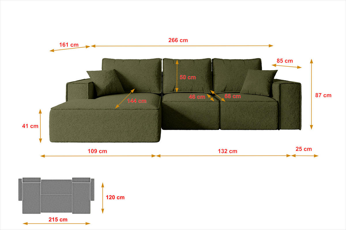 ECKSOFA mit Schlaffunktion und Bettkasten SERRA-L-S - 266x161x87 cm Grün Bouclé - Schwarz/Grün, Holzwerkstoff/Kunststoff (266/161cm) - ALTDECOR