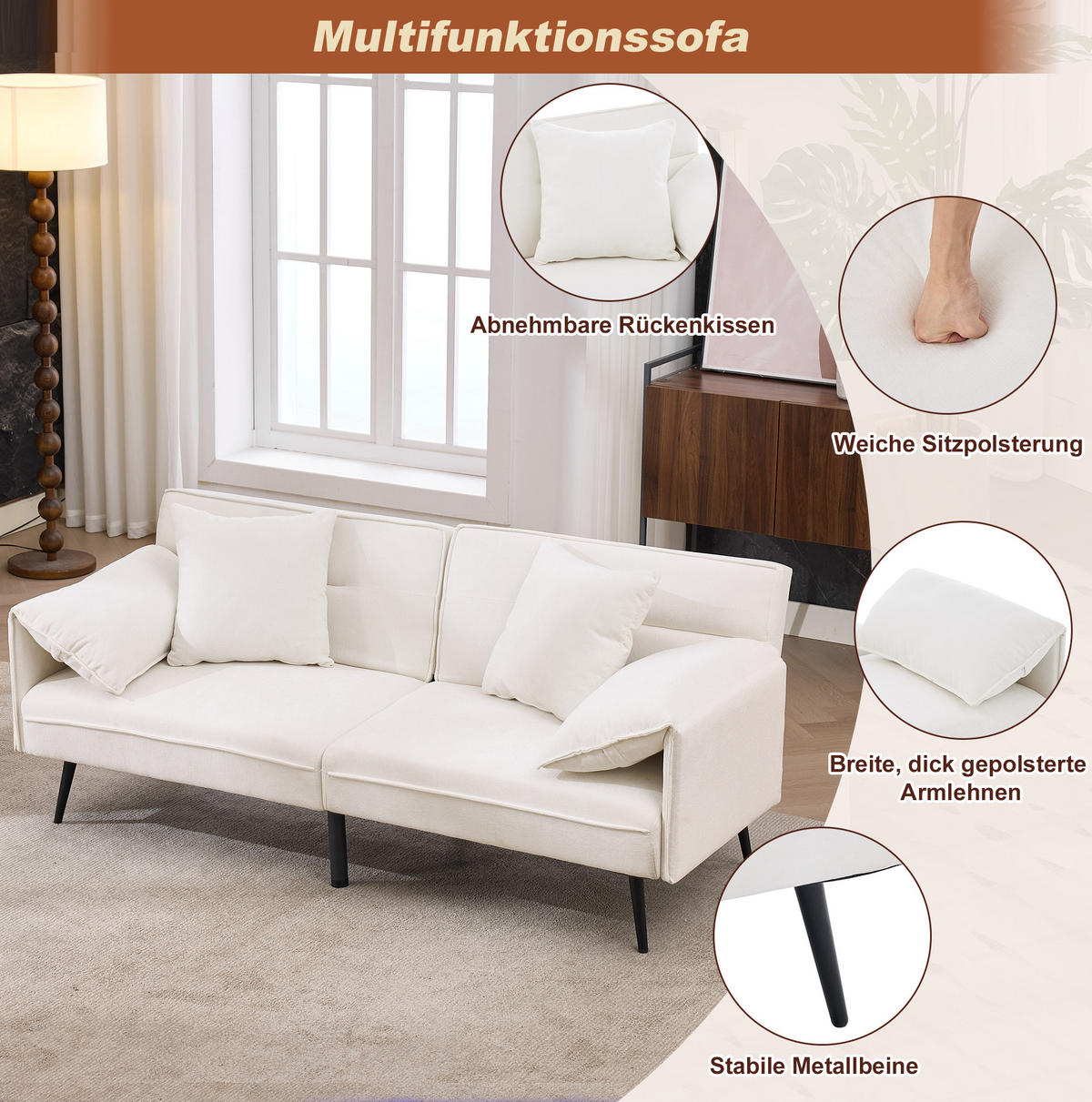 SCHLAFSOFA 2-Sitzer, Stoff mit 3-fach verstellbarer Rückenlehne, 167,5/73/70 cm, Weiß - Weiß, Textil (73/70/167.5cm) - Redom