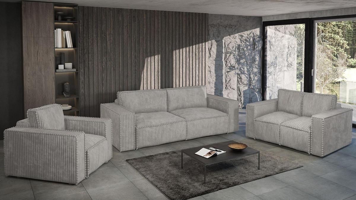 SOFASET Vajana 3-2-1 - Hellgrau, Holzwerkstoff/Textil (240/86/102cm) - Fun Möbel