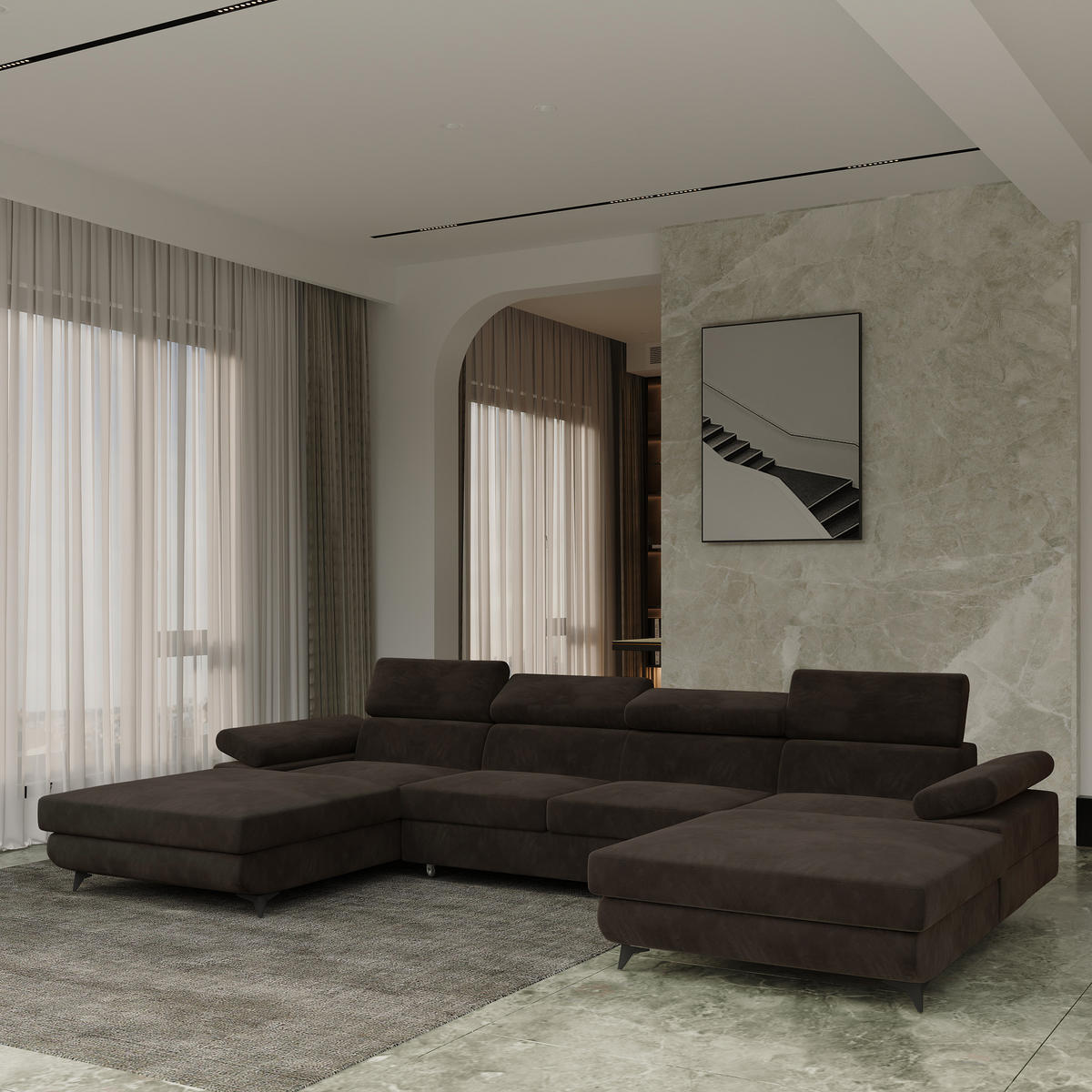 WOHNLANDSCHAFT DETTI Braun Velours-Stoff mit Schlaffunktion - Braun, Holz (339/89/190cm) - MASSENO