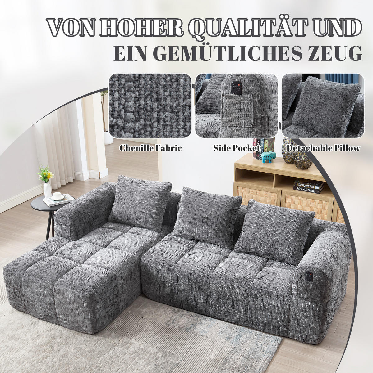 ECKSOFA 250/158/60 cm grau aus Chenille mit Seitentaschen - Grau, Textil (250/158cm) - OKWISH