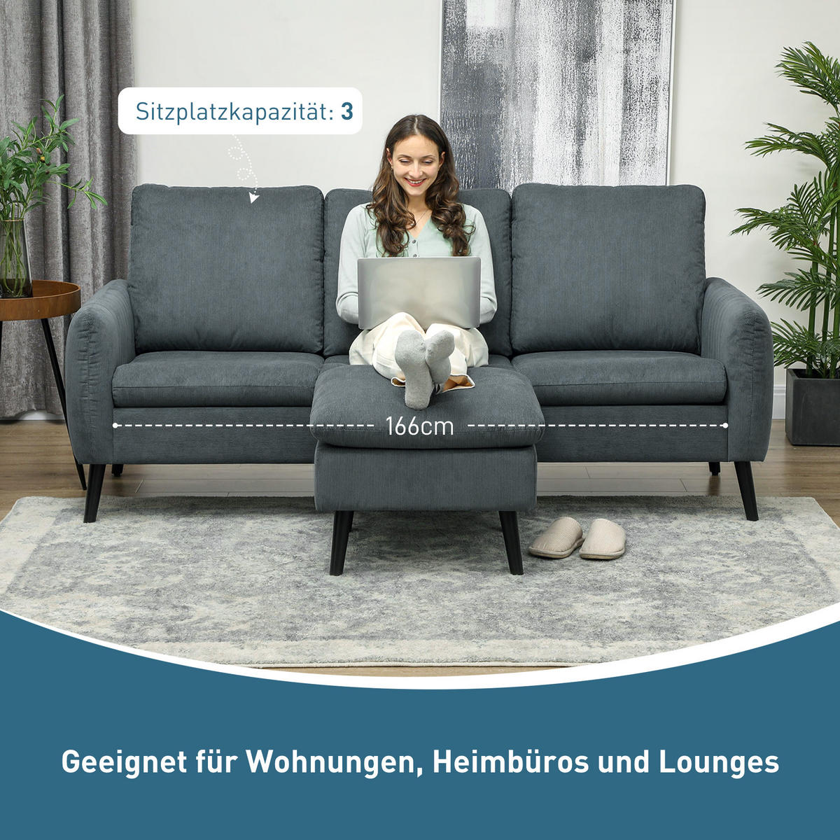 ECKSOFA mit Schlaffunktion Sofa mit Fußhocker, 3 Wurfkissen für Wohnzimmer - Dunkelgrau, Textil (140/196cm) - HOMCOM