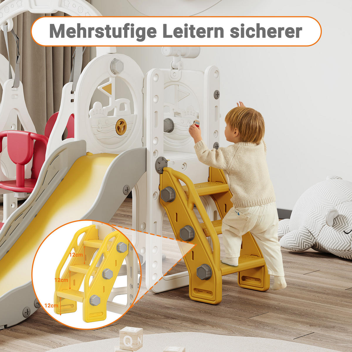 6-IN-1 RUTSCHE Kinder Weiß Mit Klettergerüst, Schaukel & Teleskop - Weiß, Holz (150/115/150cm)