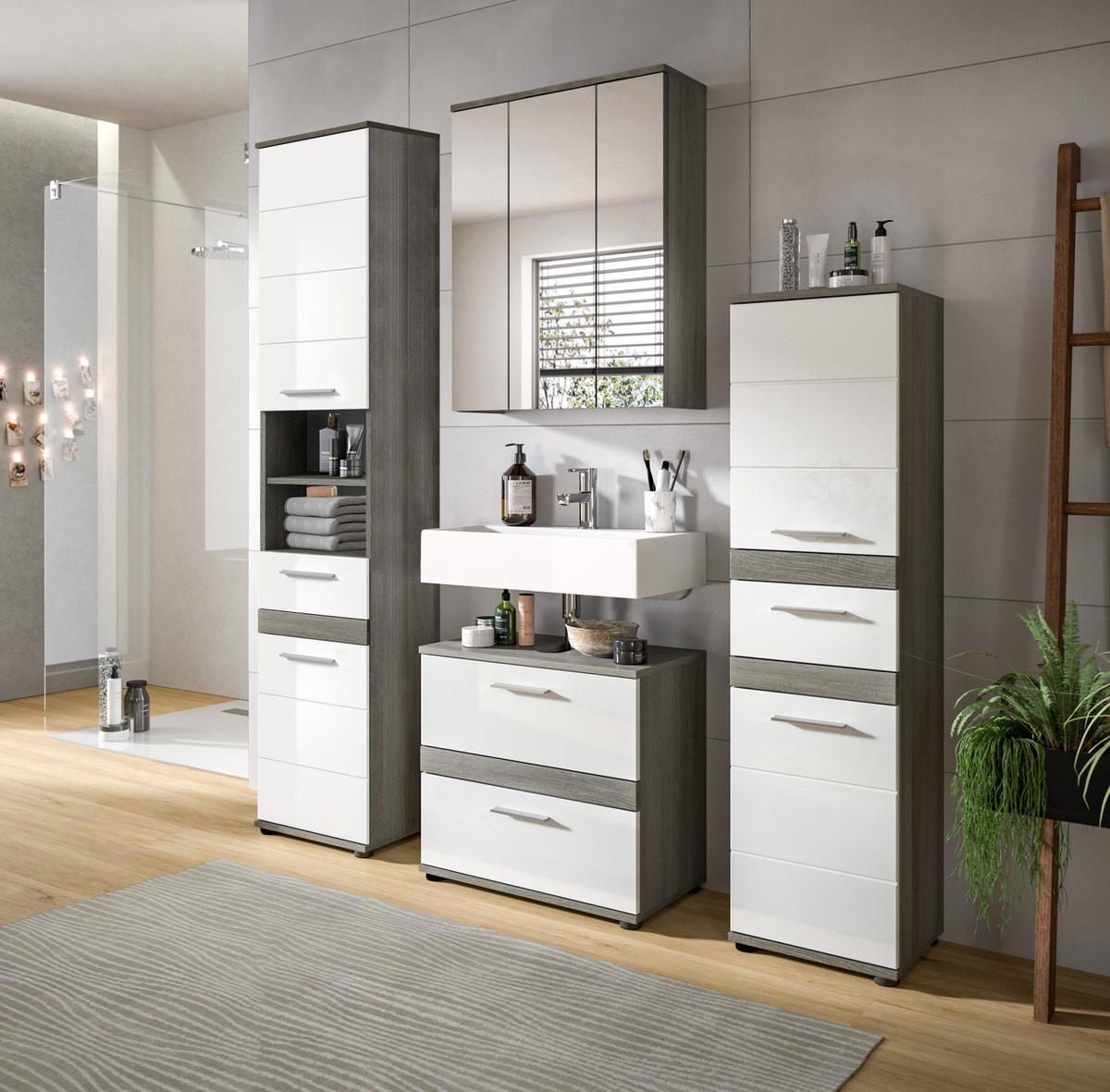 BADMÖBEL-SET weiß Hochglanz, grau 4-teilig 160 cm, Kombination mit viel Stauraum - Weiß Hochglanz/Grau, Holzwerkstoff/Metall (160/191/34cm) - Inn.Furn