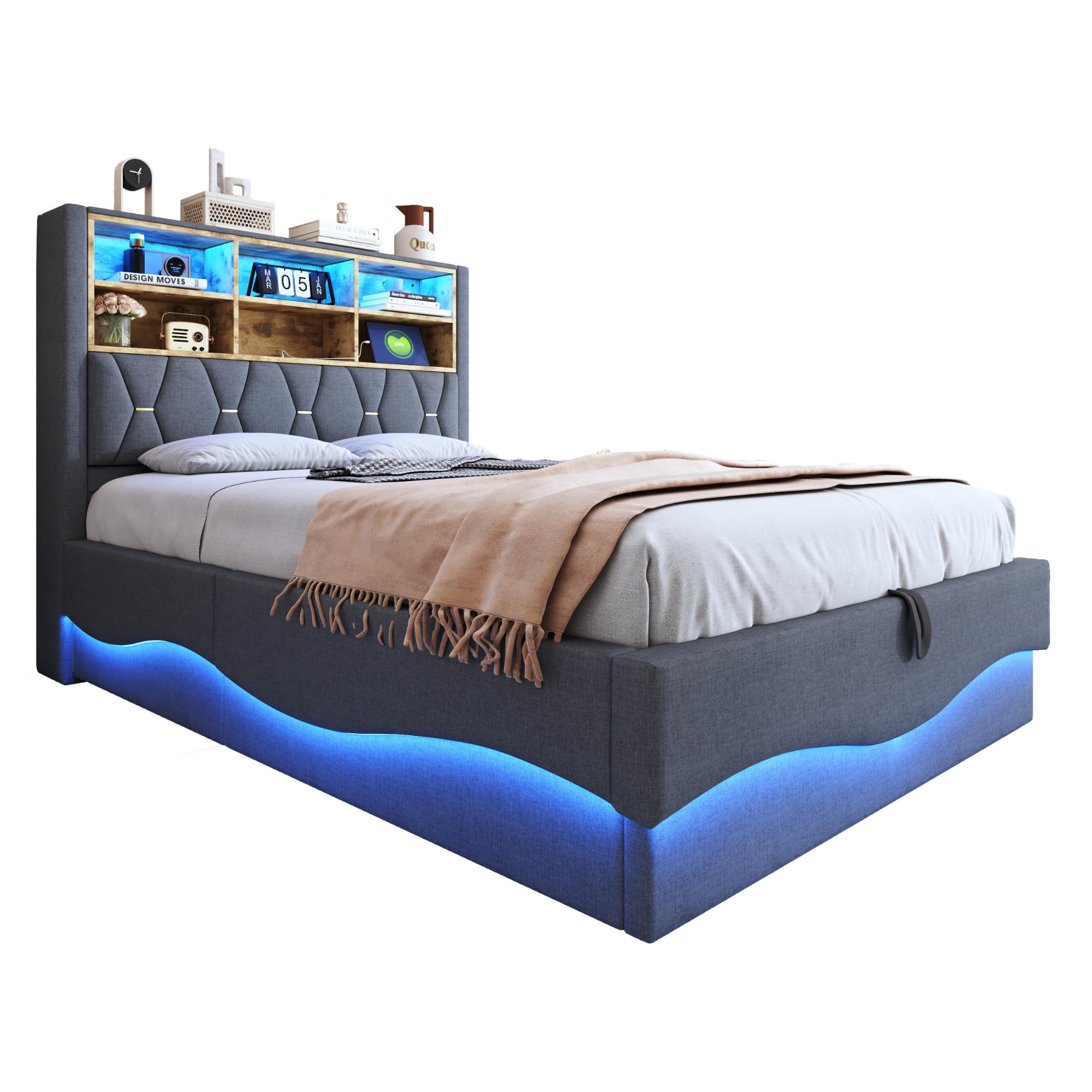 POLSTERBETT 140/200 cm Grau mit hydraulischem Stauraum und LED-Beleuchtung - Grau, Metall (140/200cm) - OKWISH