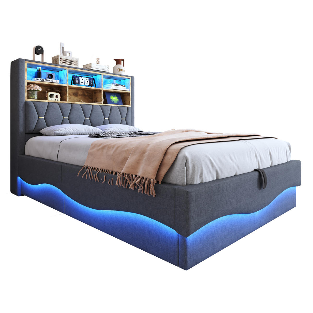 POLSTERBETT 140/200 cm Grau mit hydraulischem Stauraum und LED-Beleuchtung - Grau, Metall (140/200cm) - OKWISH