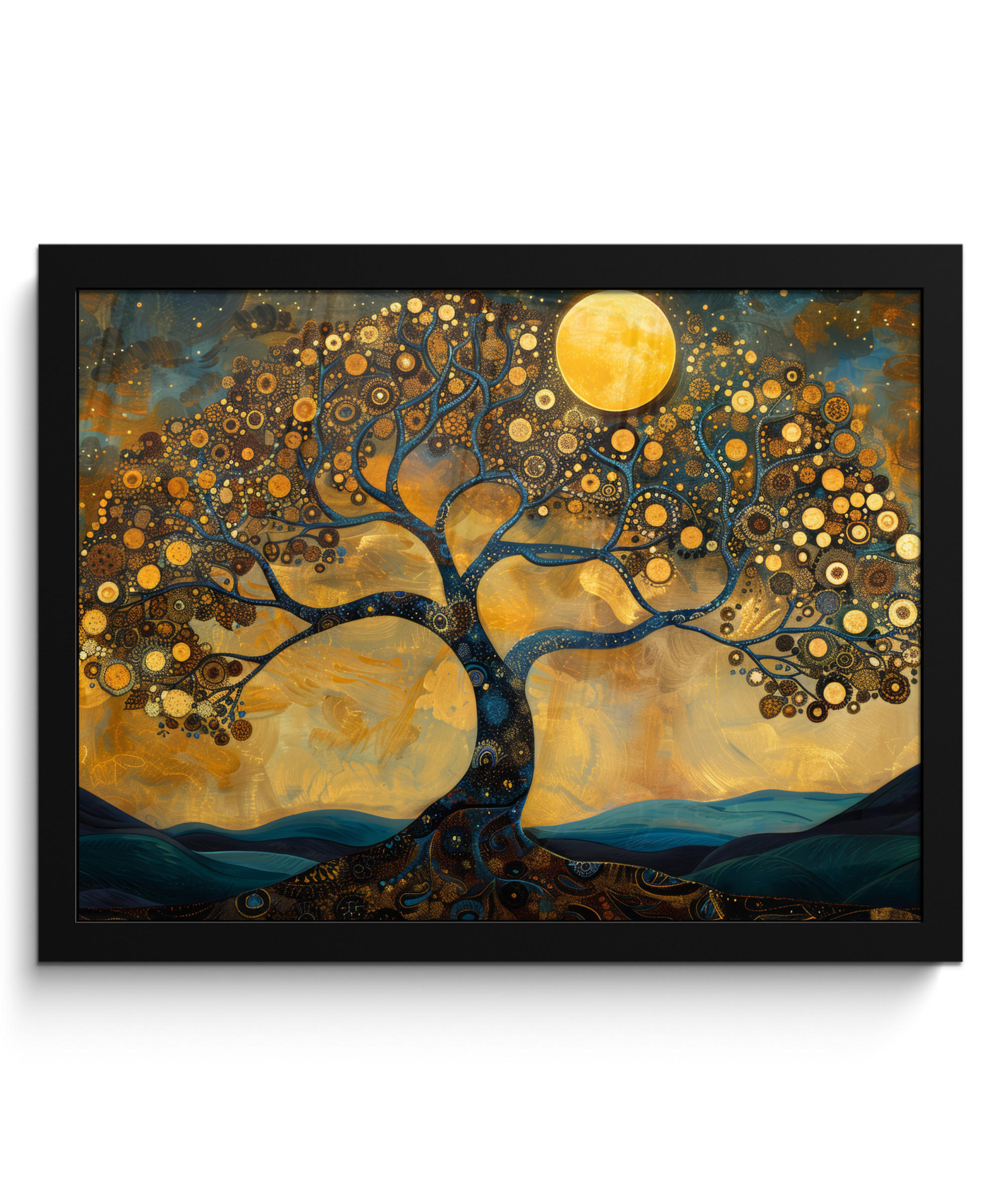 POSTER MIT RAHMENGERAHMTES BILD Baum - Mond - Blumen - Gold - Kunst 40x30 cm - Orange, Papier (40/30cm) - MuchoWow