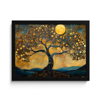 POSTER MIT RAHMENGERAHMTES BILD Baum - Mond - Blumen - Gold - Kunst 40x30 cm - Orange, Papier (40/30cm) - MuchoWow