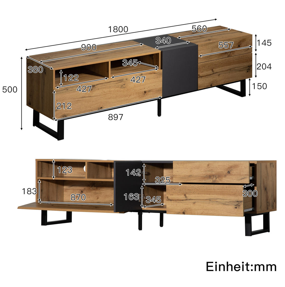 LOWBOARD 180/38/50 cm aus MDF mit Drucköffnung und 2 Schubladen Eichefarben/Anthrazit - Alteiche, Holzwerkstoff (180/50/38cm) - Modenvie