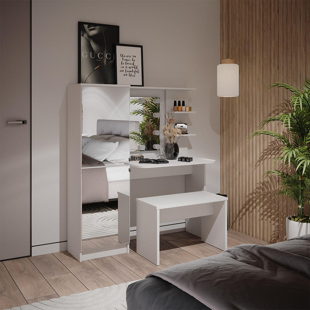 FRISIERKOMMODE Jasmin Weiß 123 cm mit LED-Beleuchtung und Bank - Weiß, Holzwerkstoff (123/141.2/33cm) - Vicco