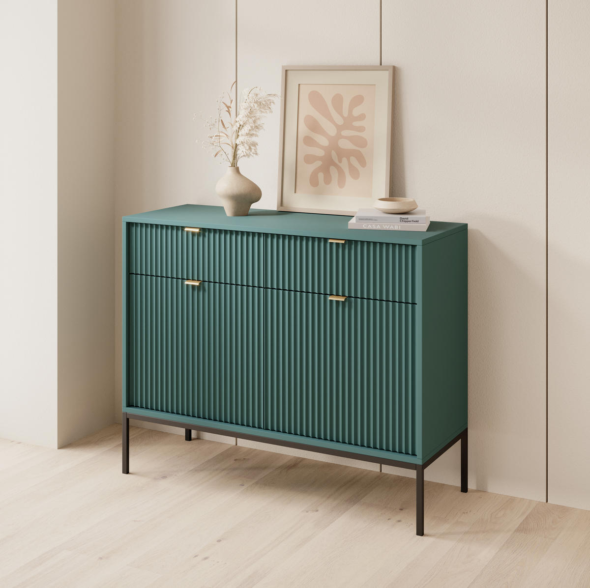 KOMMODE NOVA, Geriffelte Front, 2-Türen, 2-Schubladen 104x39x83 cm, Labrador - Türkis/Schwarz, Holzwerkstoff/Kunststoff (104/83/39cm) - DomoHome
