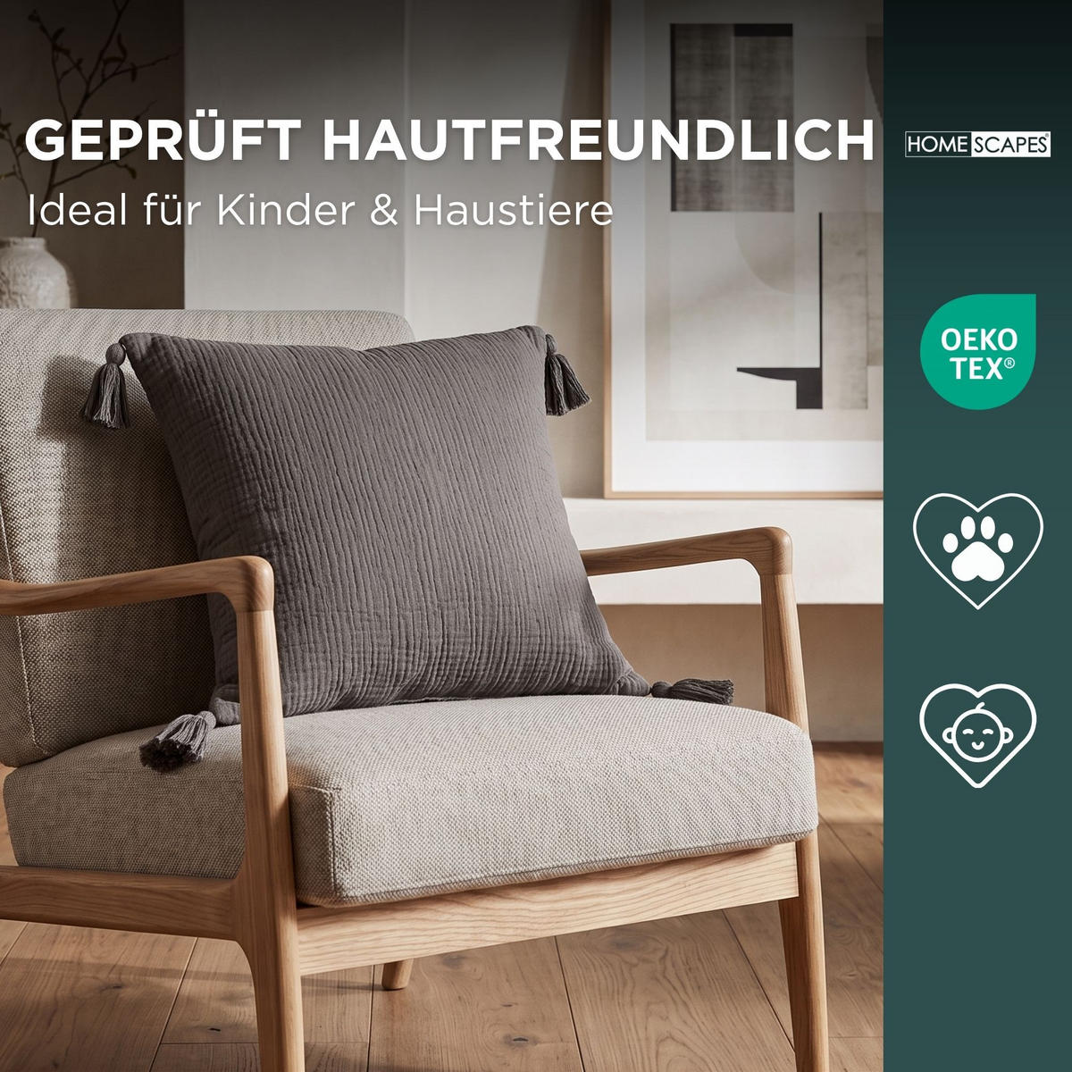 DEKOKISSEN Musselin grau mit Quasten, 45/45 cm - Grau, Textil (45/45cm) - Homescapes