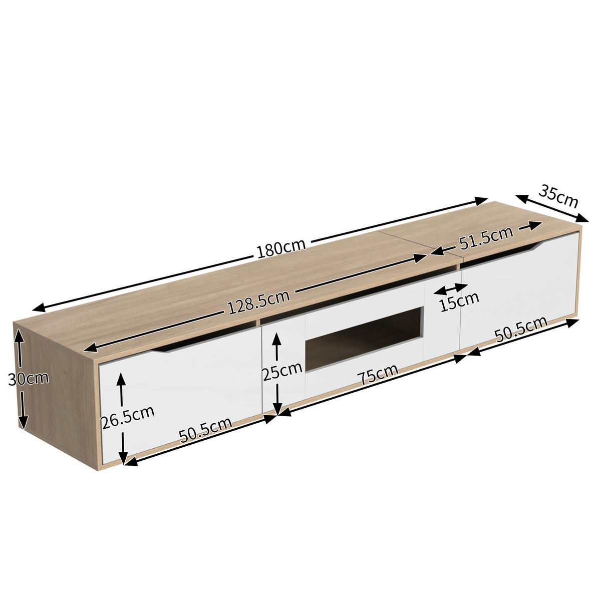 TV-LOWBOARD aus Spanplatte 180x35x30 cm Weiß in Hochglanz mit LED-Beleuchtung - Weiß, Holzwerkstoff (180/30/35cm) - IVMEU