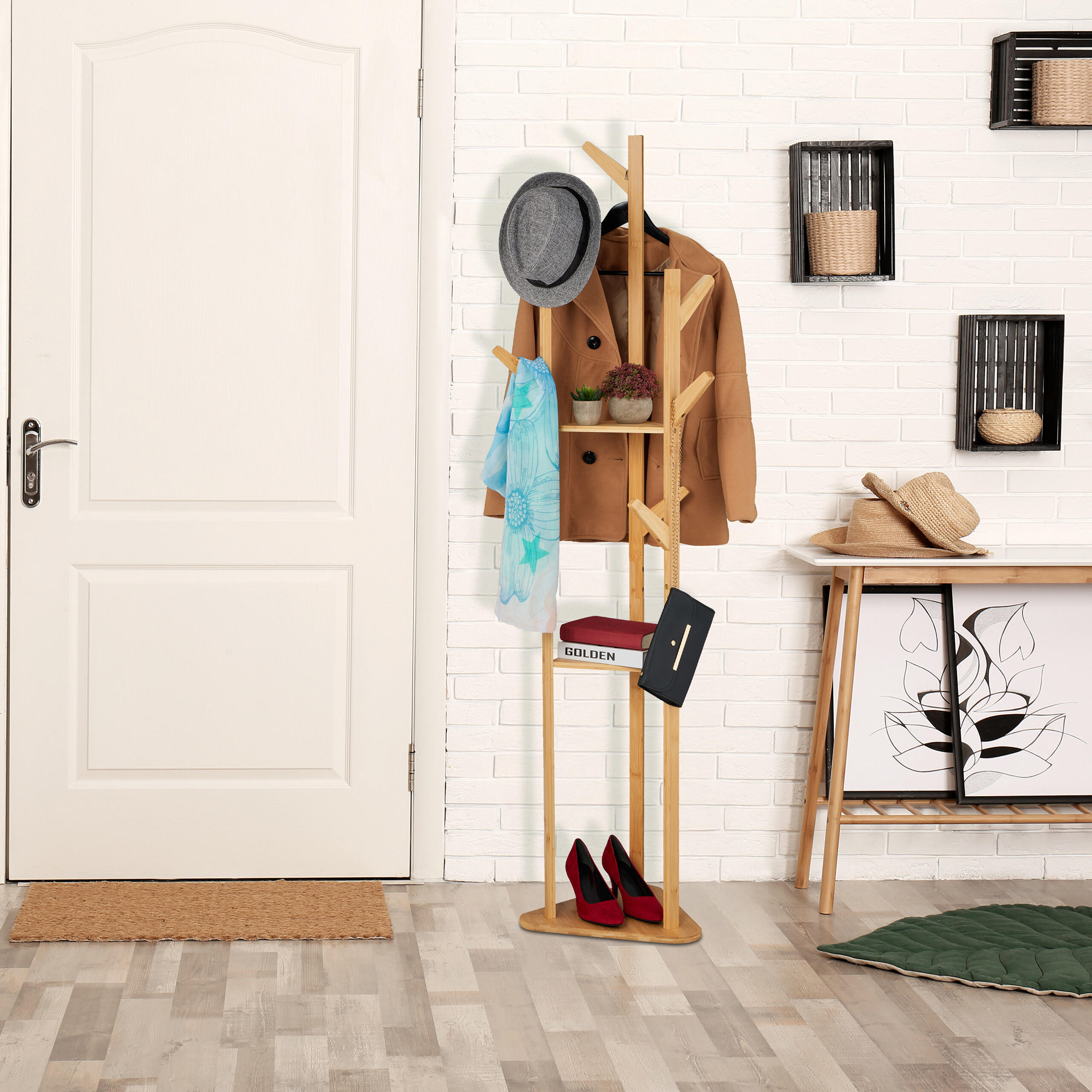 Thumbnail - Relaxdays Garderobenständer, Hellbraun, Holz, 47x168.5x47 cm, Garderobe, Garderobenständer