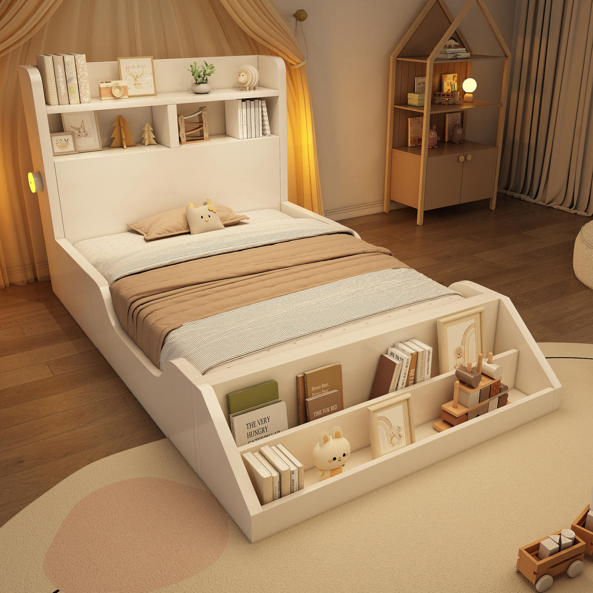 HOLZBETT 90/200 cm Weiß aus Holz mit Bücherregal und Nachtlichtern - Weiß, Holz (90/200cm) - OKMYHOME