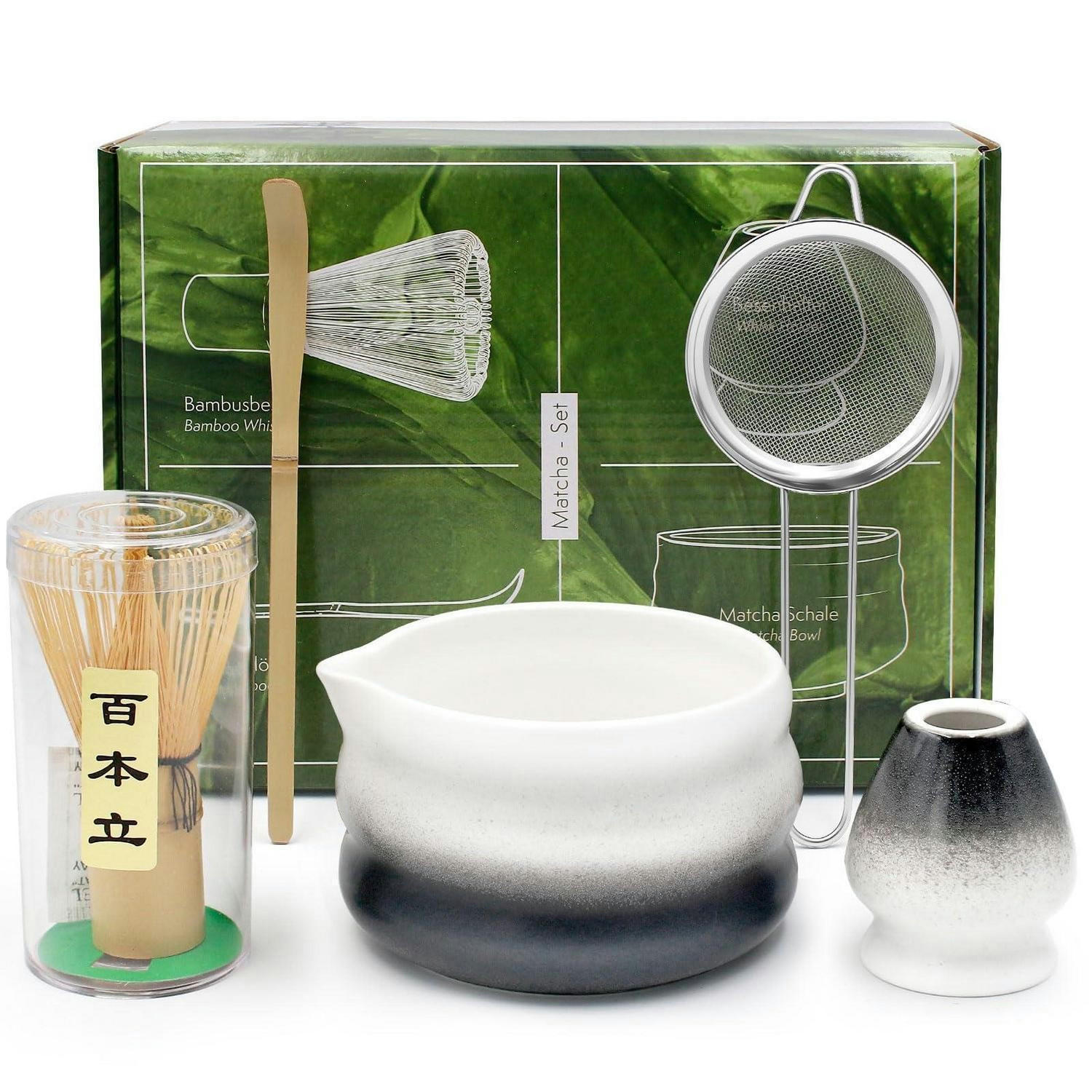 MATCHA Set 5-teiliges Set mit Schale, Besen und Löffel - Schwarz, Keramik (18.2/12.7/20.5cm)