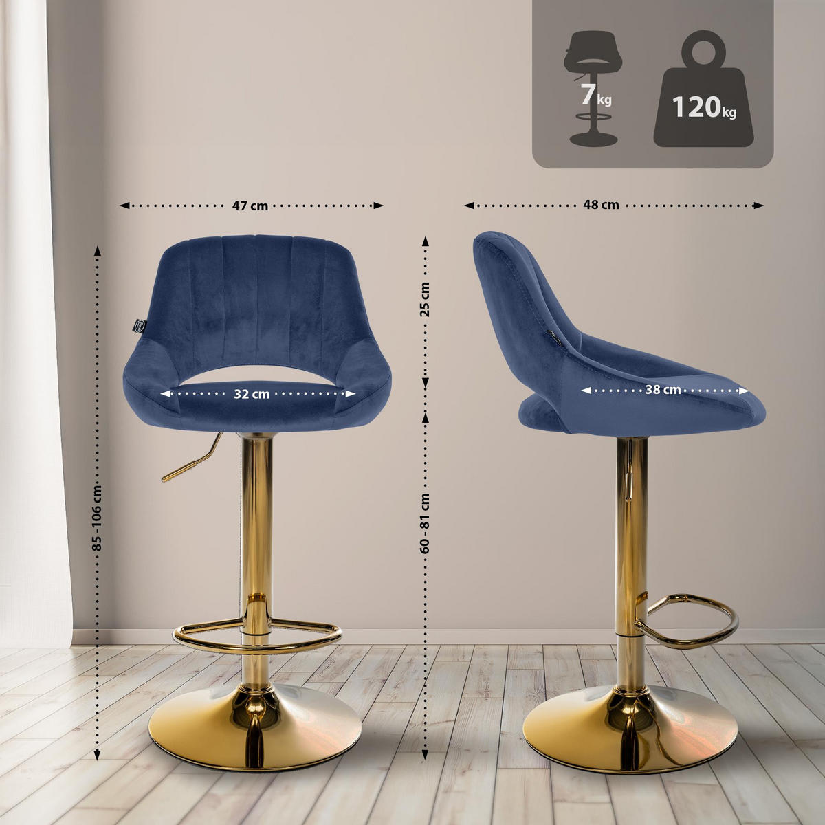 BARHOCKER 2 Samt Blau - Blau, Textil (47/85/48cm) - CLP