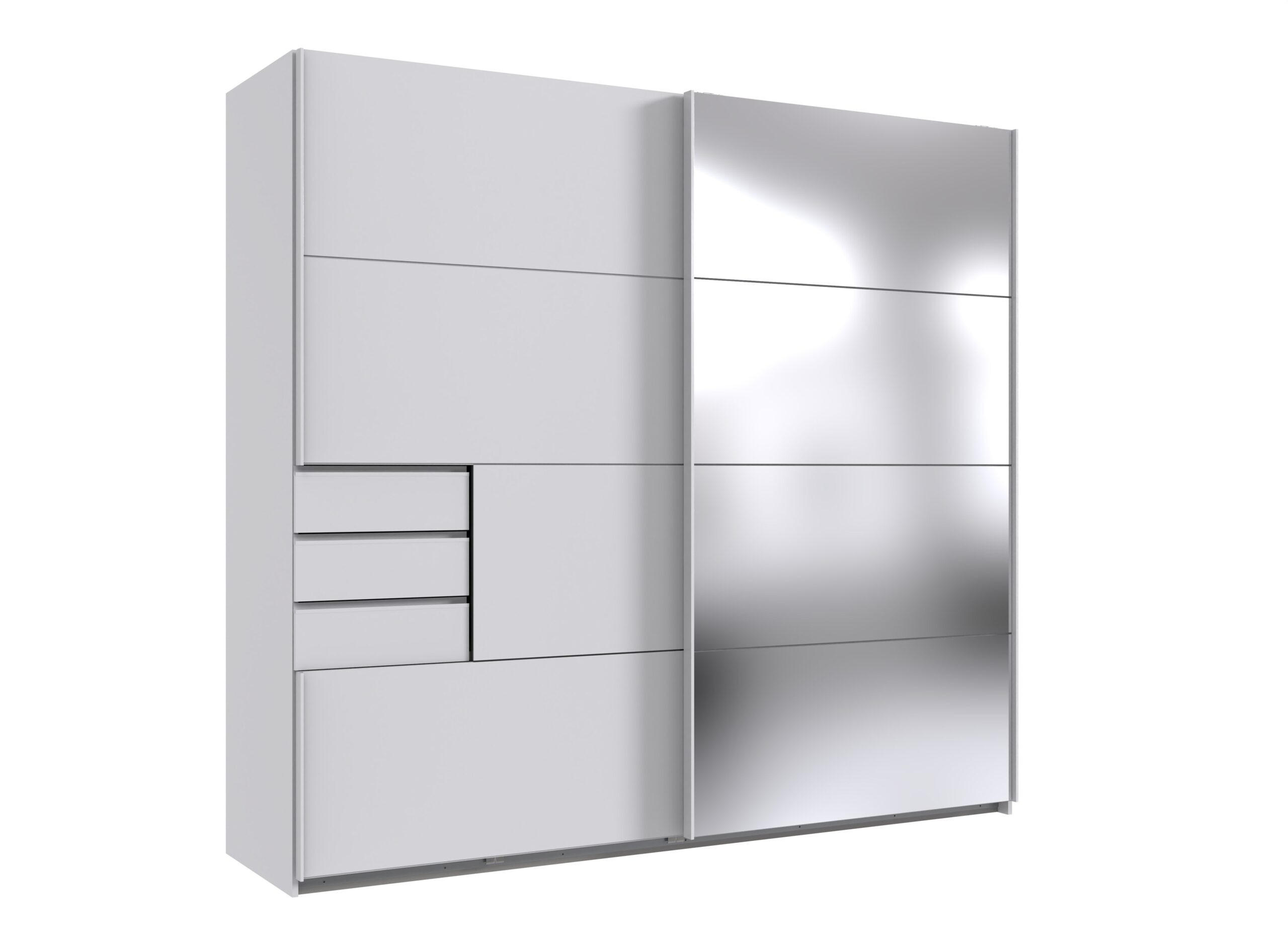 KLEIDERSCHRANK Saigon in Weiß und weißen Griffen mit einer Spiegel Türfront – Schwebetürenschrank 2 türig - 225 cm Breite - Weiß, Holzwerkstoff (80/200/120cm)