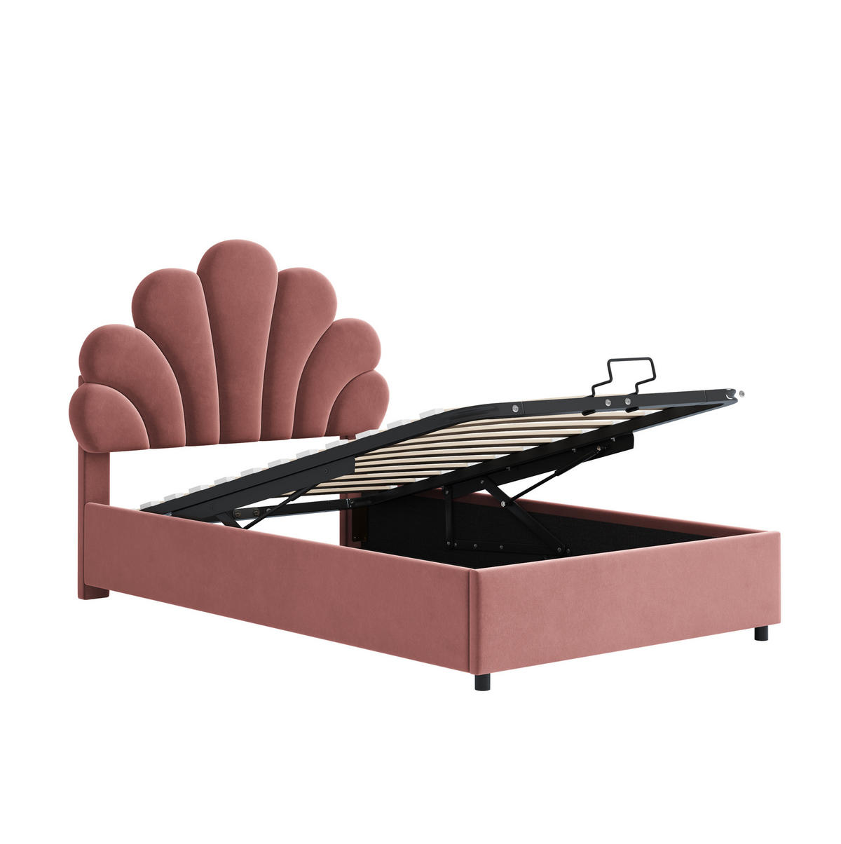 POLSTERBETT 90/200 cm mit floralem Kopfteil, Lattenrost und hydraulischem Bettkasten, Rosa - Rosa, Textil (90/200cm) - Redom