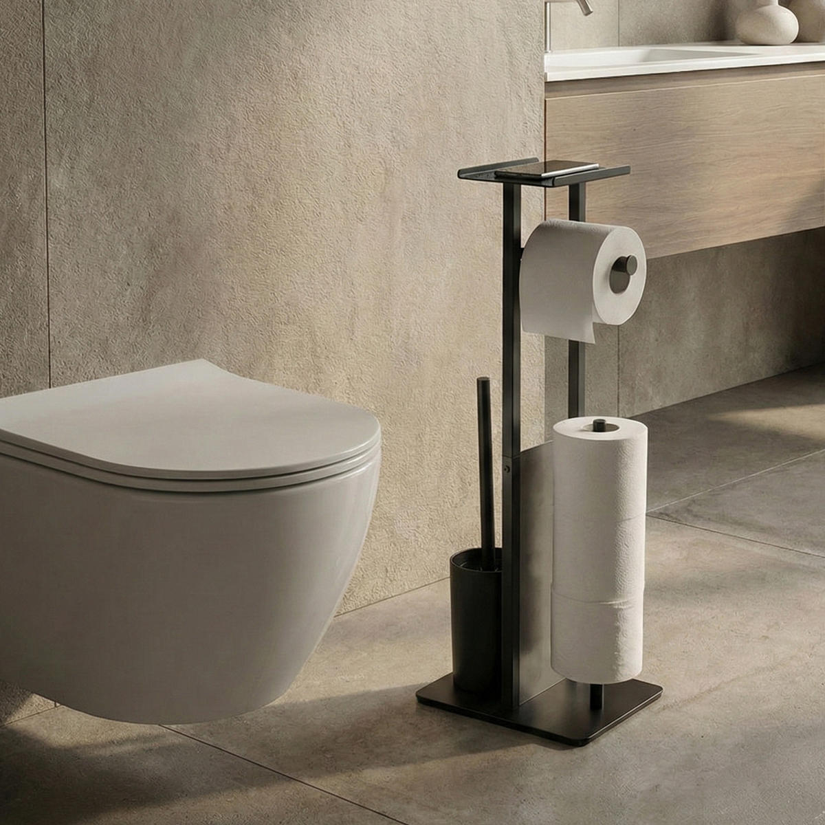 PAPIERSTÄNDER STILK mit Bürstenbehälter und Handyablage HYLA - Schwarz, Metall (18/65/21cm)