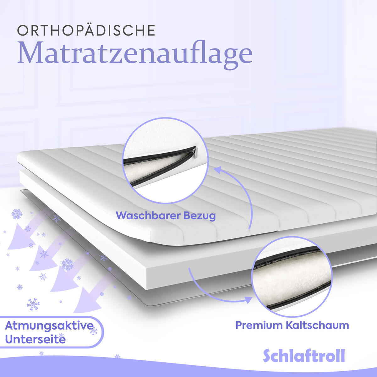 KALTSCHAUM-TOPPER 90x200 H3- Ergonomisch - 5 cm hoch - Weiß, Textil (90/200cm) - Schlaftroll