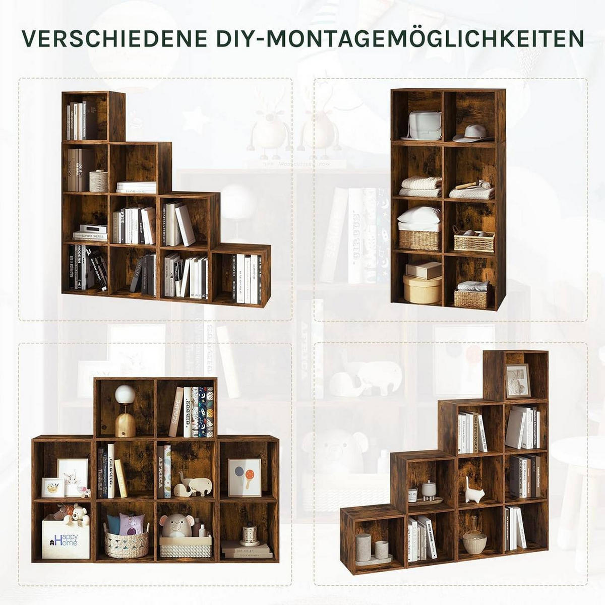 REGALE Bücherregal mit 10 Fächern, 120 x 120 x 30 cm, Vintagebraun - Dunkelbraun, Holzwerkstoff (120/120/30cm) - Woltu