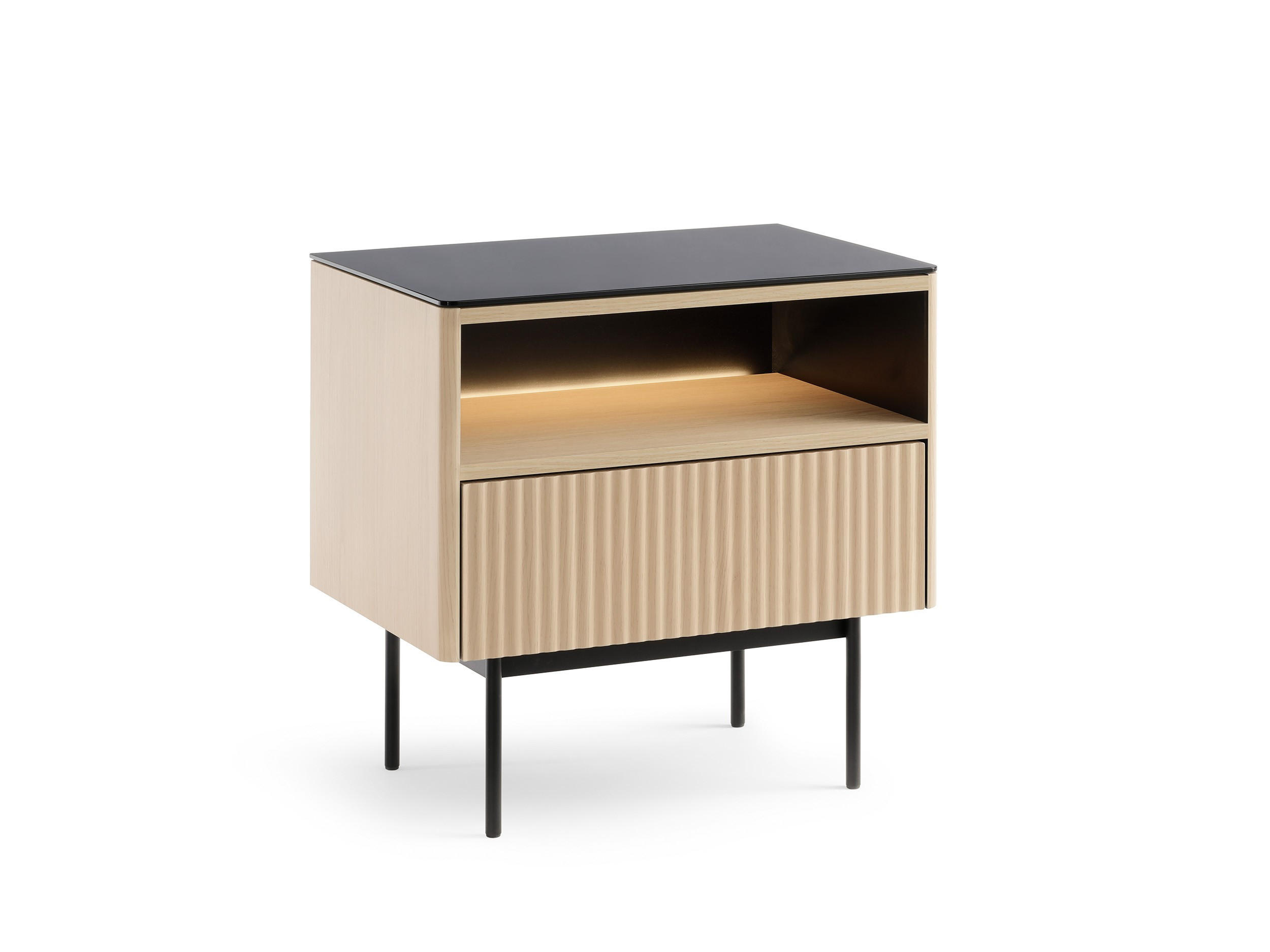 NACHTTISCH Rita Vincenza Eiche, Nachtschrank mit Schublade und LED beleuchtung - Eichefarben/Schwarz, Holzwerkstoff (57/57/39cm) - Bettso