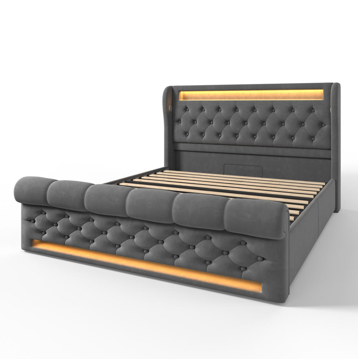 TAPECIRANI krevet 160/200 cm s LED osvjetljenjem, USB i Type-C priključcima te hidrauličnim spremištem, Siva - siva, tekstil (160/200cm) - Redom
