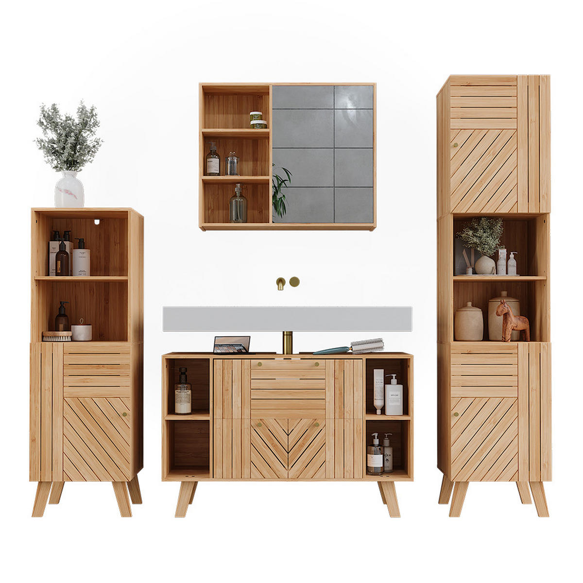 BADMÖBEL-SET Lucie Bambus 4 Teile - Grün, Holzwerkstoff (100/65/36cm) - Vicco