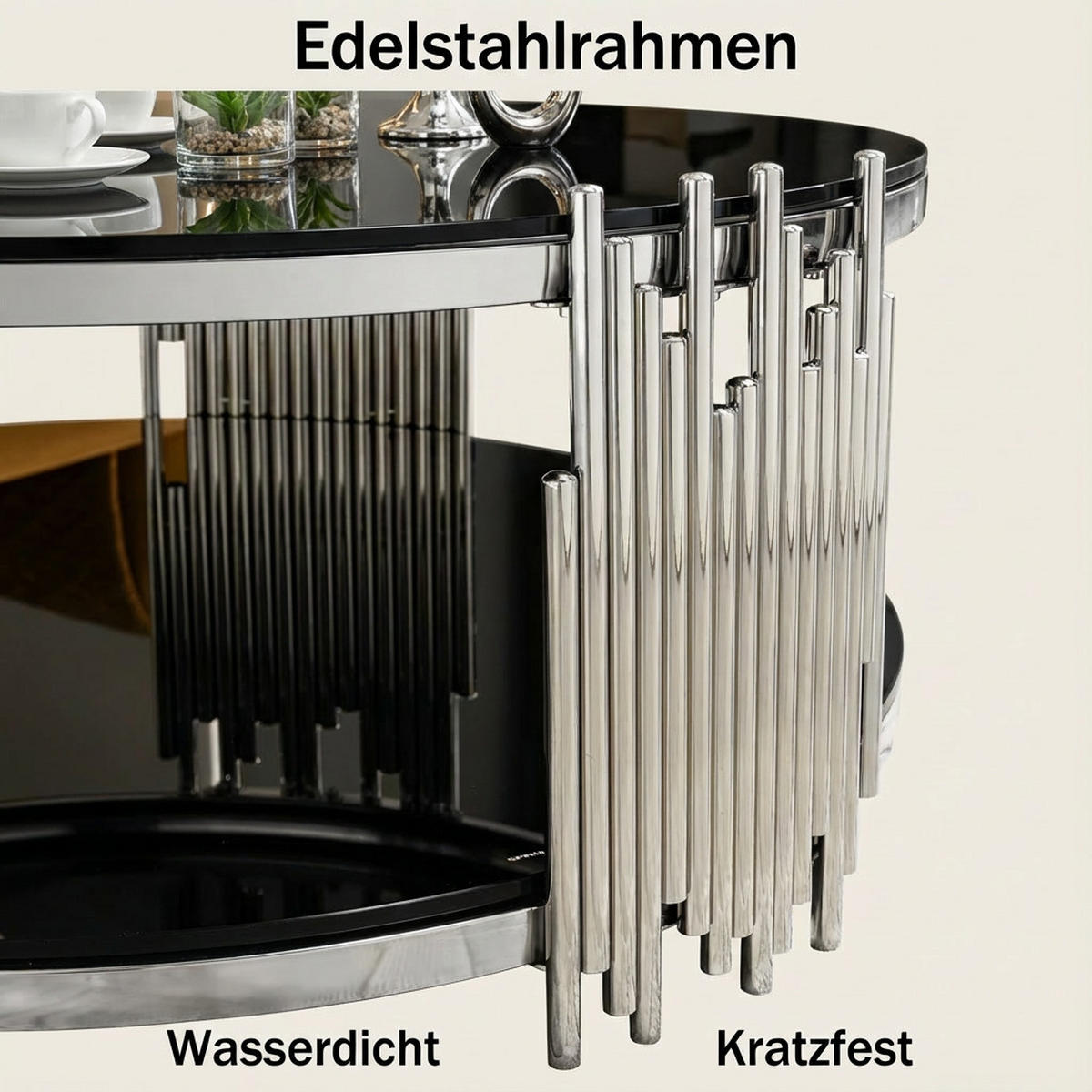 COUCHTISCH in Schwarz Runder Wohnzimmer für Wohnzimmer / Zuhause / Büro - Silberfarben/Schwarz, Glas/Holzwerkstoff (80/80/45cm) - STILVORA