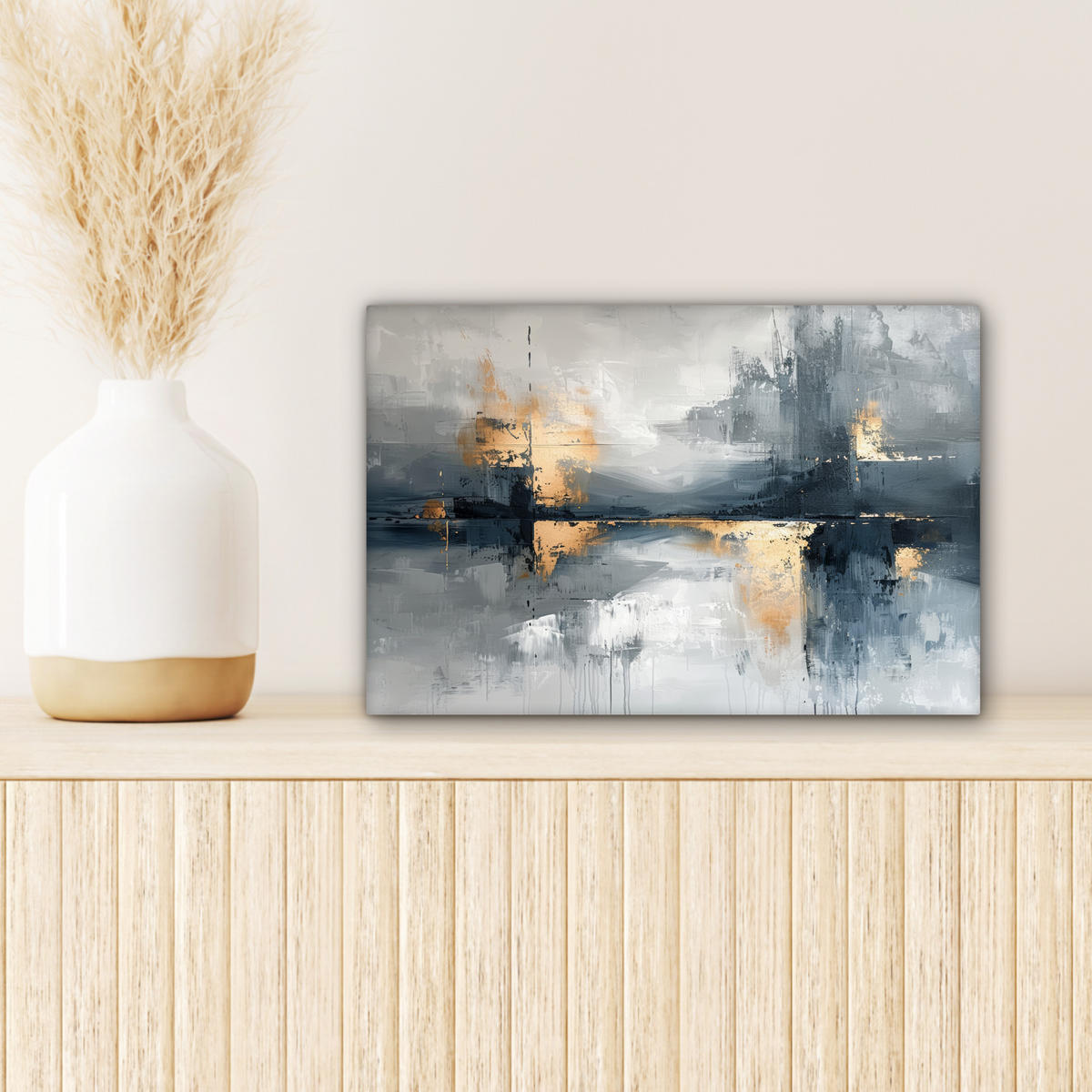 LEINWANDBILD Kunst - Grau - Gold - Abstrakt Deko Schlafzimmer 30x20 cm - Dunkelgrau, Textil (30/20cm) - MuchoWow