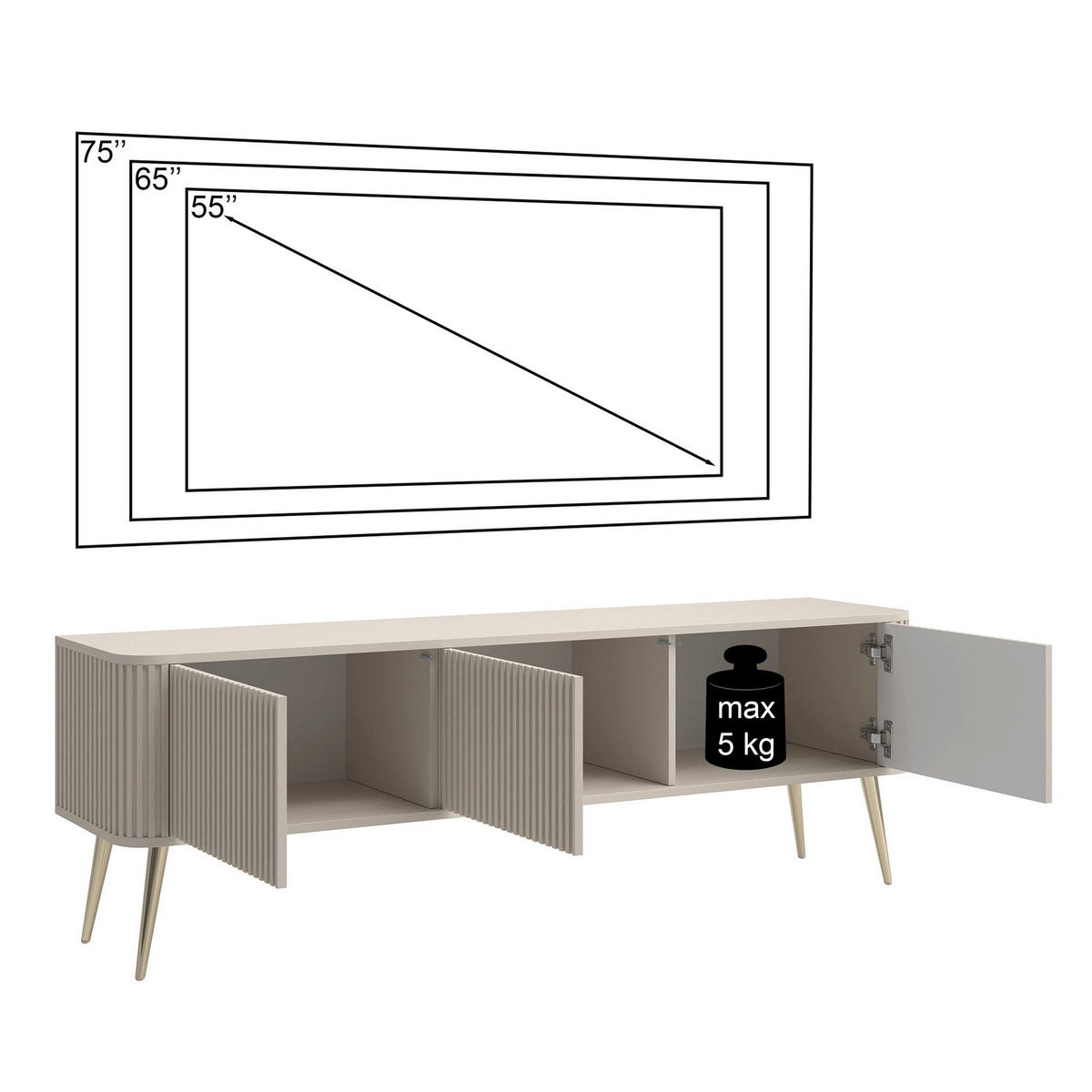 TV stolek Ovarlo černý s drážkovanými čely 3dveřový 163/49/38 cm - černá, kov/kompozitní dřevo (163.2/49.2/38cm) - Selsey