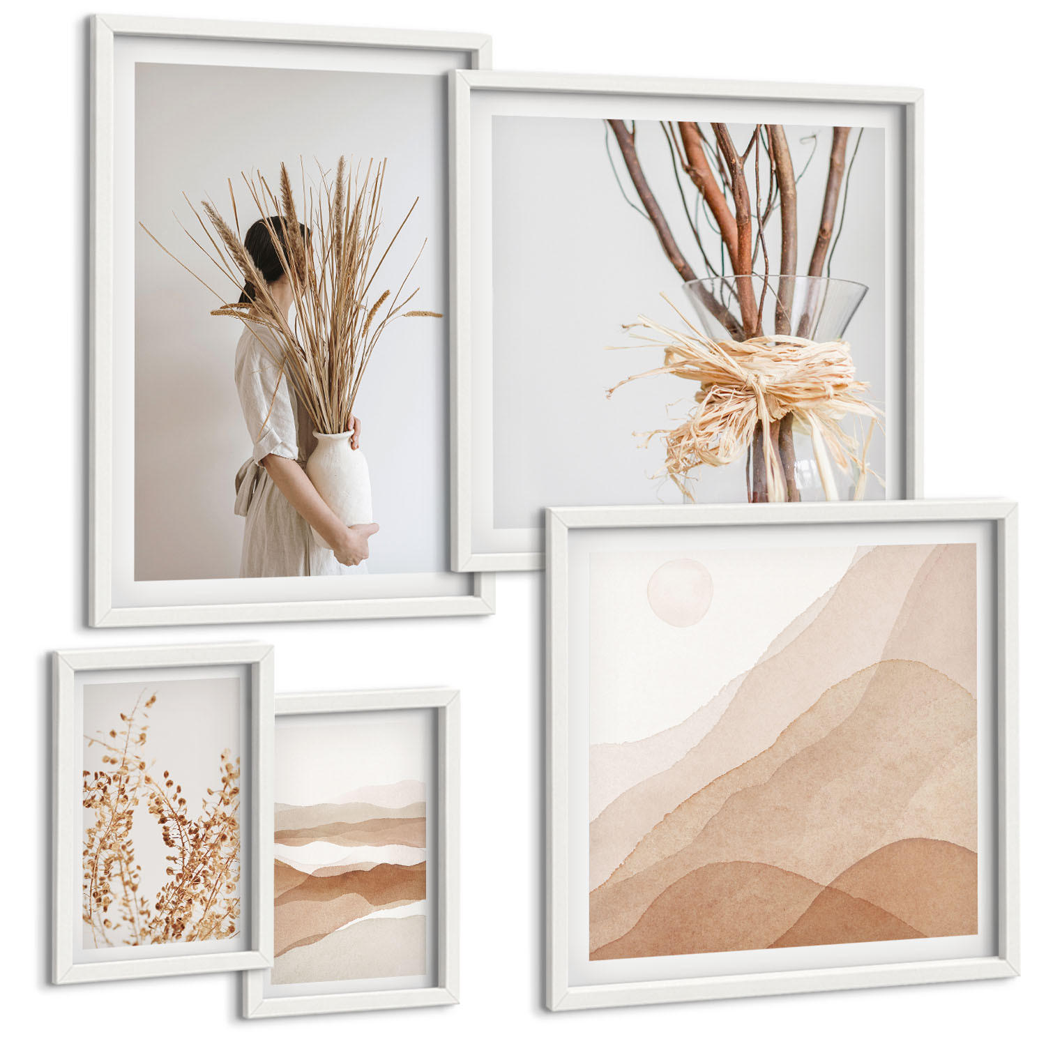 BILDER SET 5er Set - 50x50 cm & 20x30 cm & 40x60 cm Weißer Rahmen - Pflanzenmotive im Boho-Stil - Weiß, Kunststoff (40/60cm) - TULUP