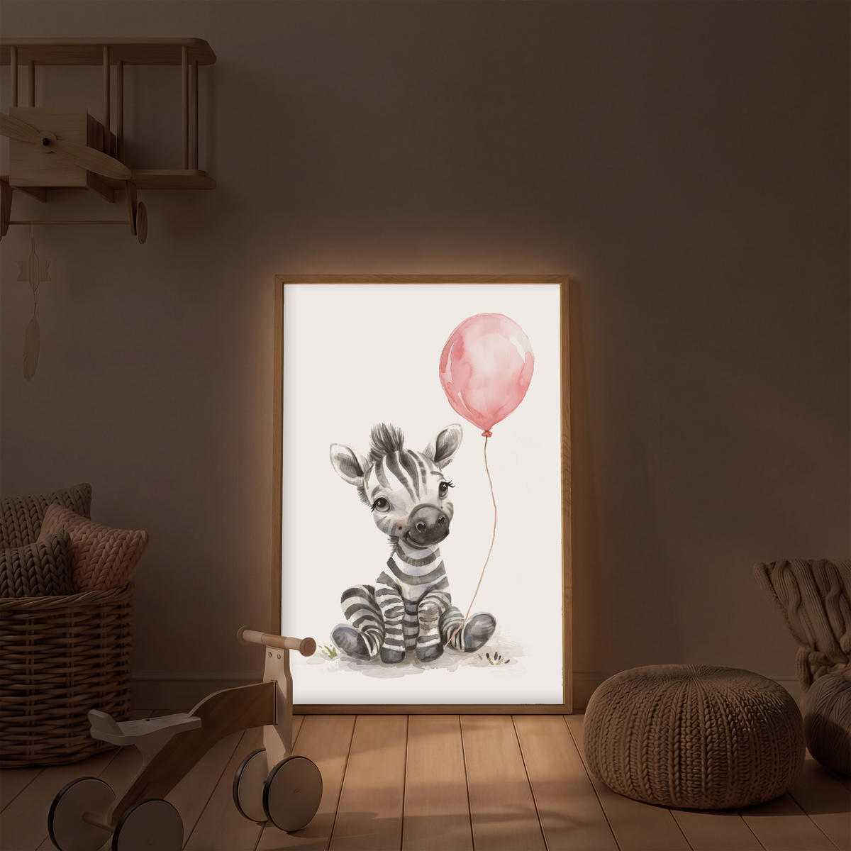 NACHTTISCHLAMPE MIT AKKU Zebra - Baby - Tiere - Rosa Luftballon 70x100 cm - Weiß, Holzwerkstoff (8/70/100cm) - OnlyWow